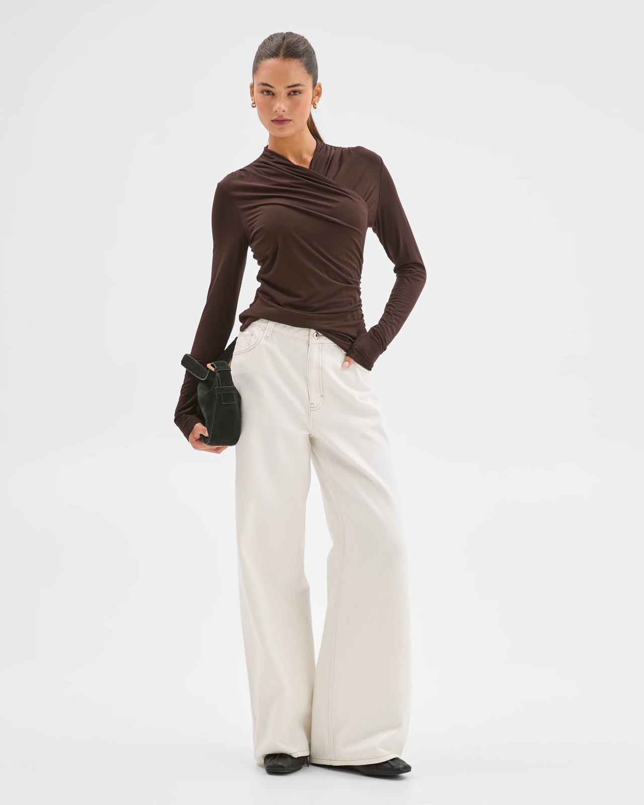 Lily Loves Long Sleeve Crossover Drape Top - Truffle 2 of 6