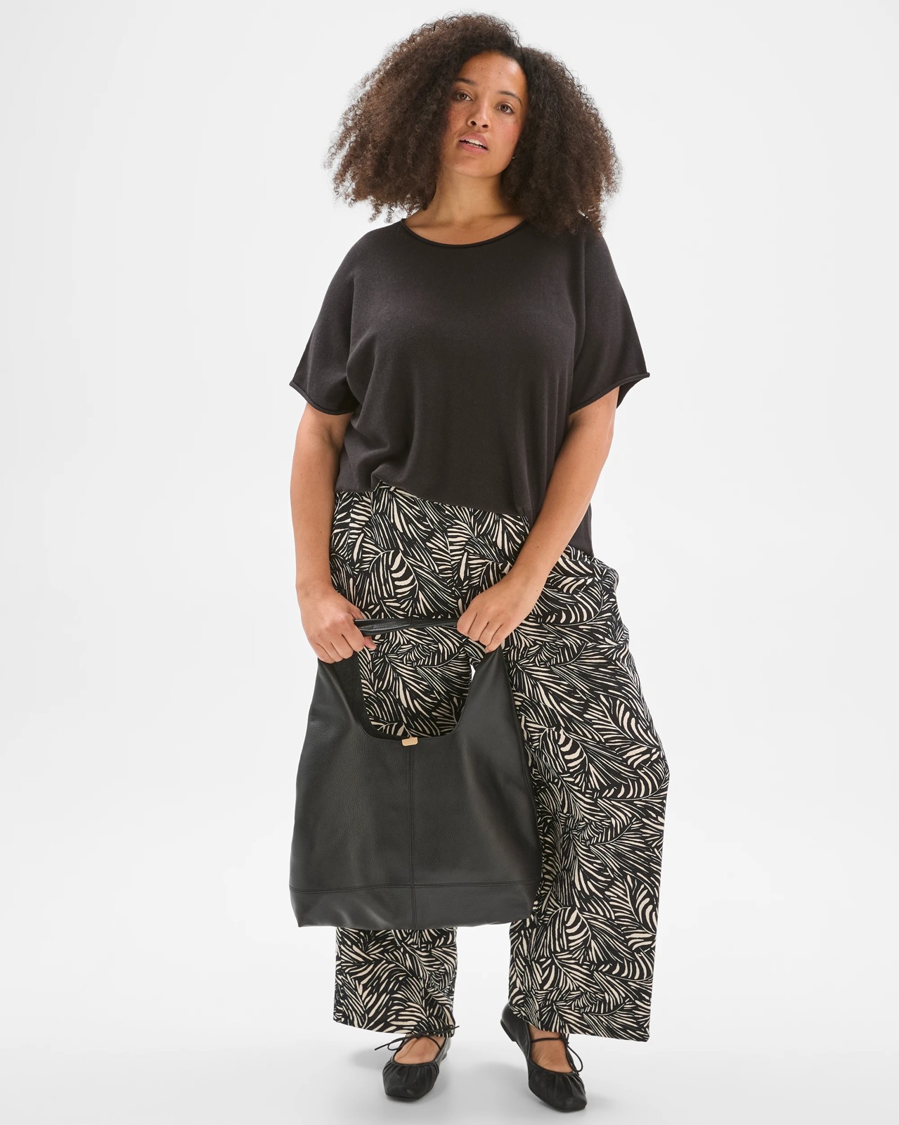 Plus Size Australian Cotton Blend Roll Edge Knit Top - Black 2 of 5