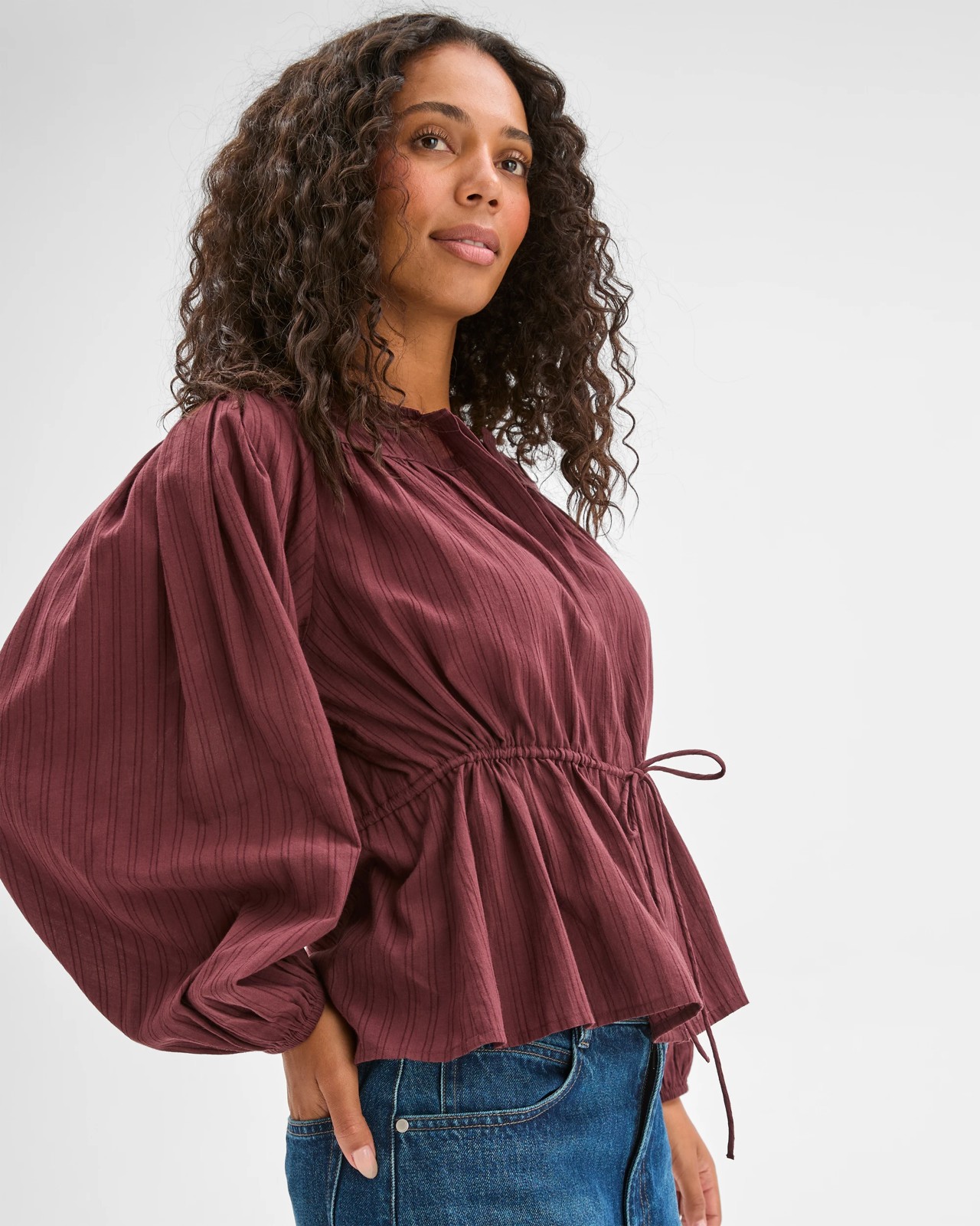 Short Sleeve Tie Waist Blouse - Burgundy 2 of 6