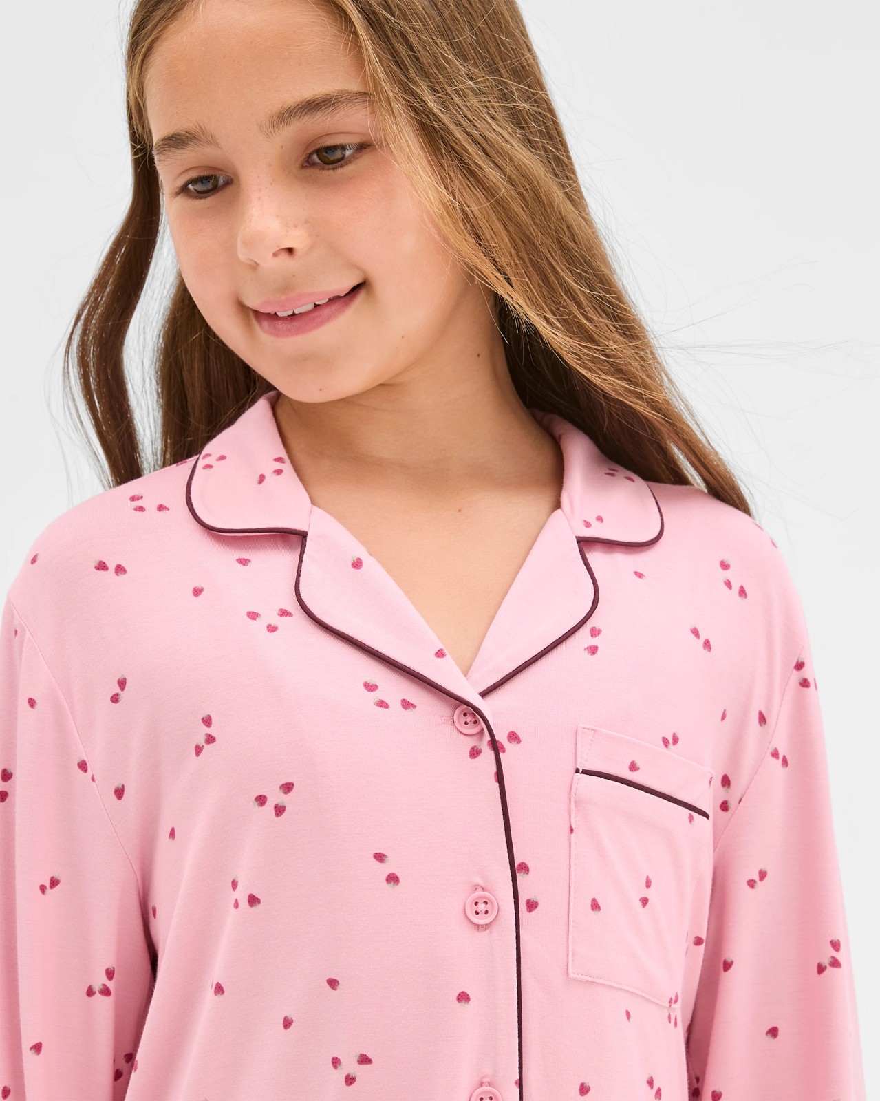Bamboo Older Girls Button Through Pyjama Set - Pink Strawberry 3 of 6