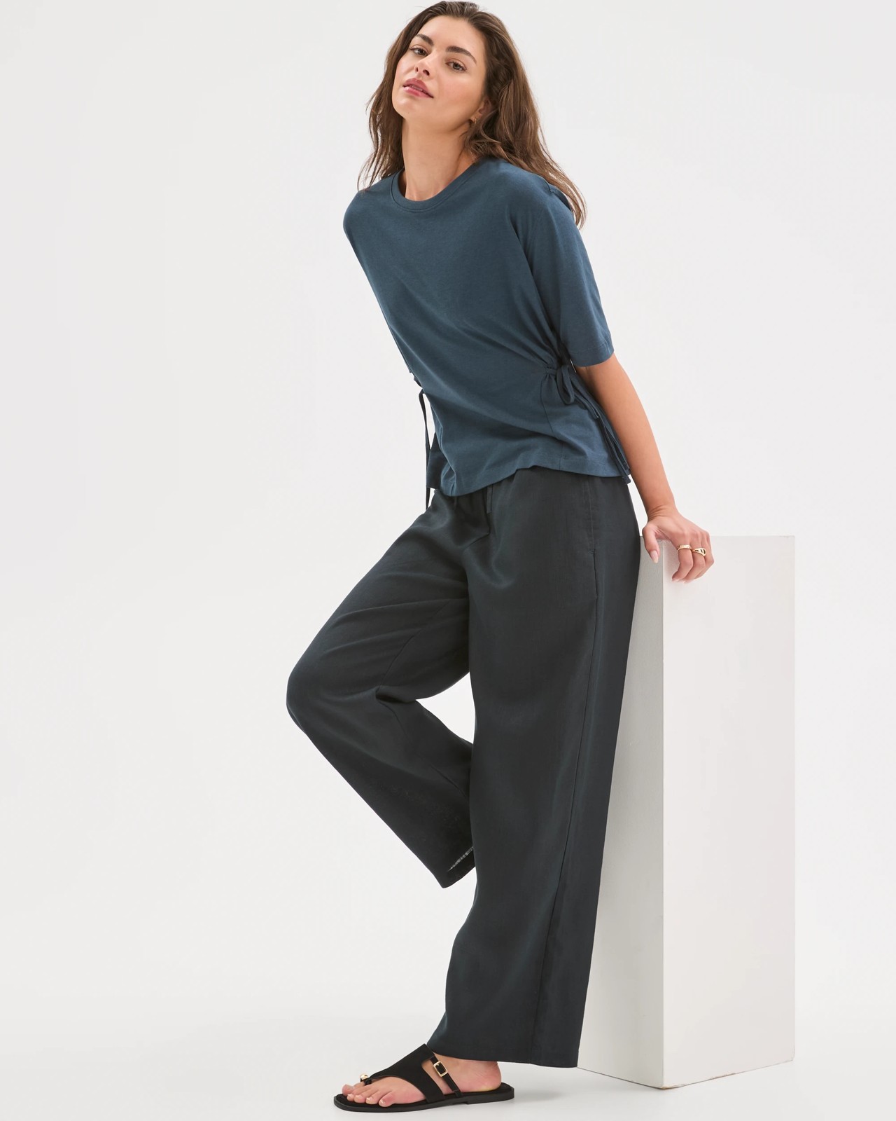 Petites European Linen Straight Leg Pants - Black 2 of 6