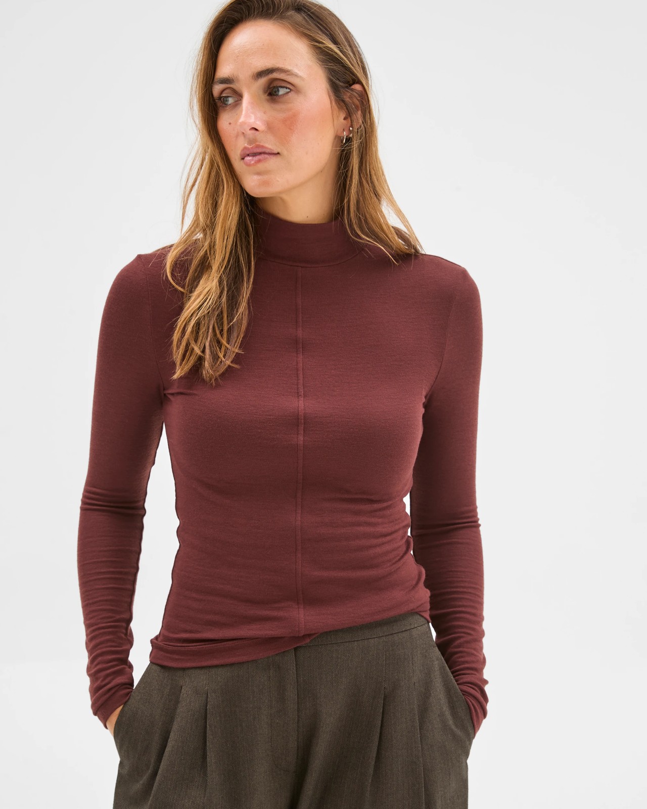Preview Long Sleeve Luxe Layering Knit Skivvy Top - Dark Chocolate 4 of 6