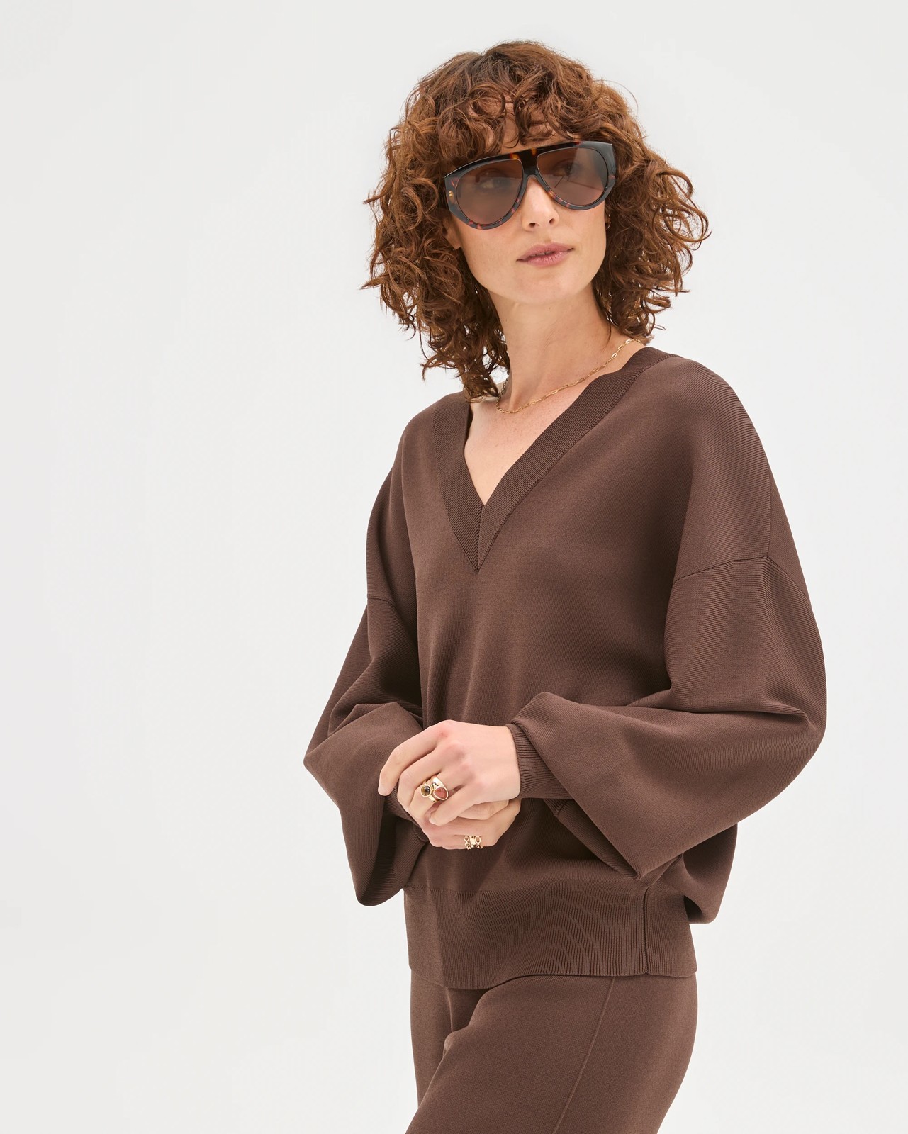 Preview Crepe Knit V-Neck Sweater - Ganache 3 of 5