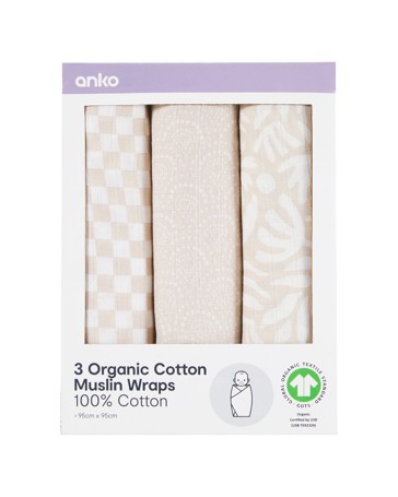 Anko 3 Pack Organic Cotton Muslin Wraps- Boho