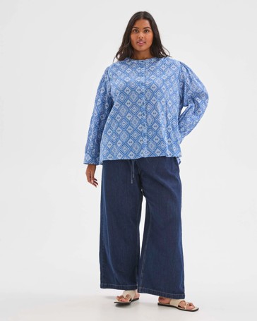 Plus Size Long Sleeve Textured Button Through Blouse