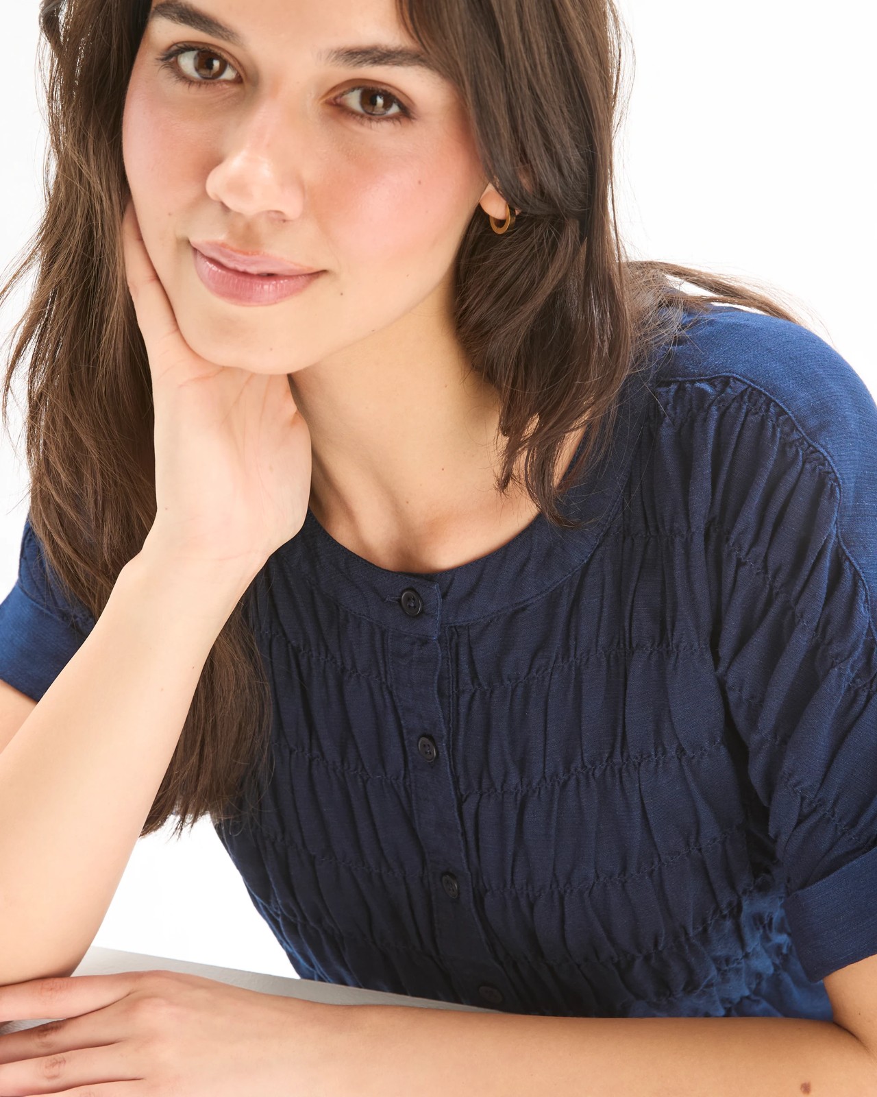 Short Sleeve Shirred Button Through Top - Navy Blue 5 of 5