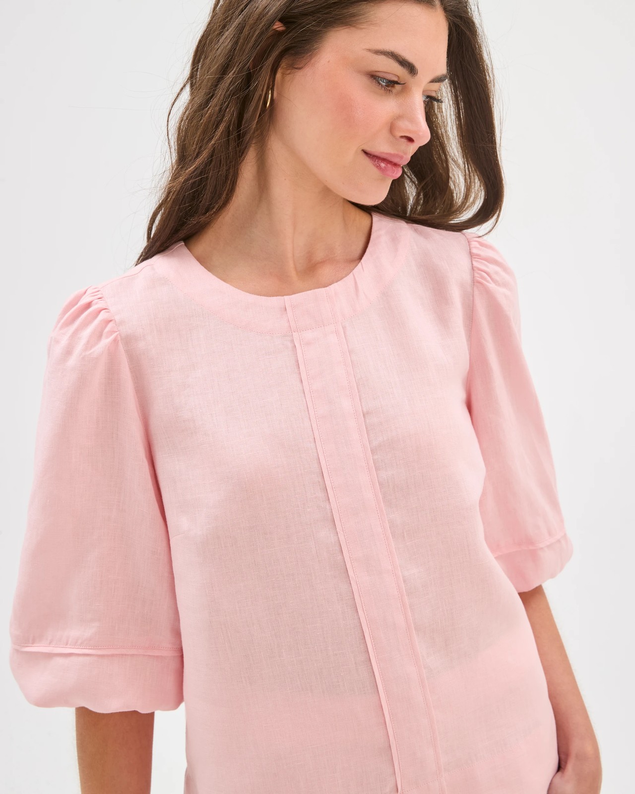 Petites European Linen 3/4 Sleeve Trim Detail Blouse - Pink 3 of 5