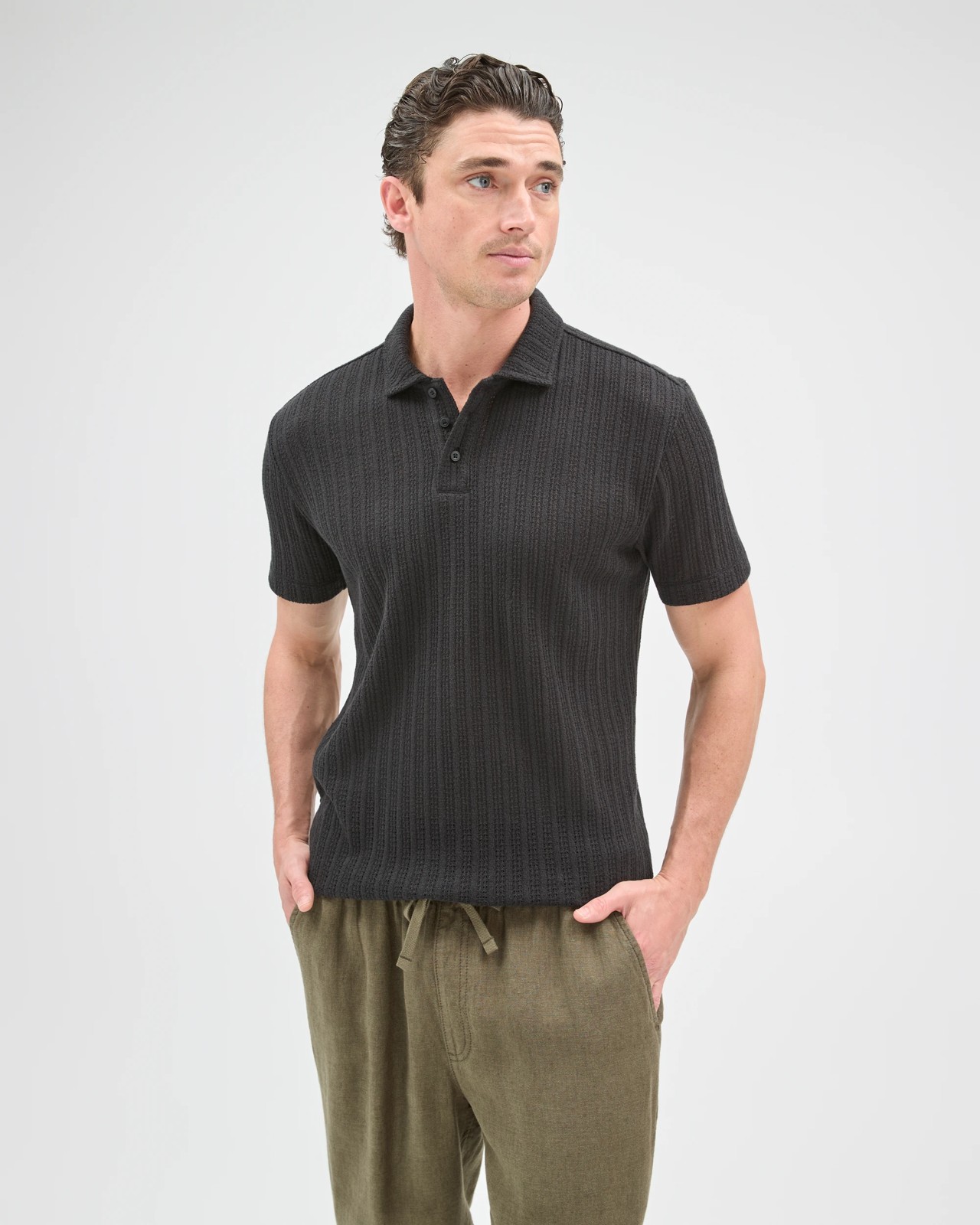 Australian Cotton Blend Pointelle Polo Top - Black 5 of 5