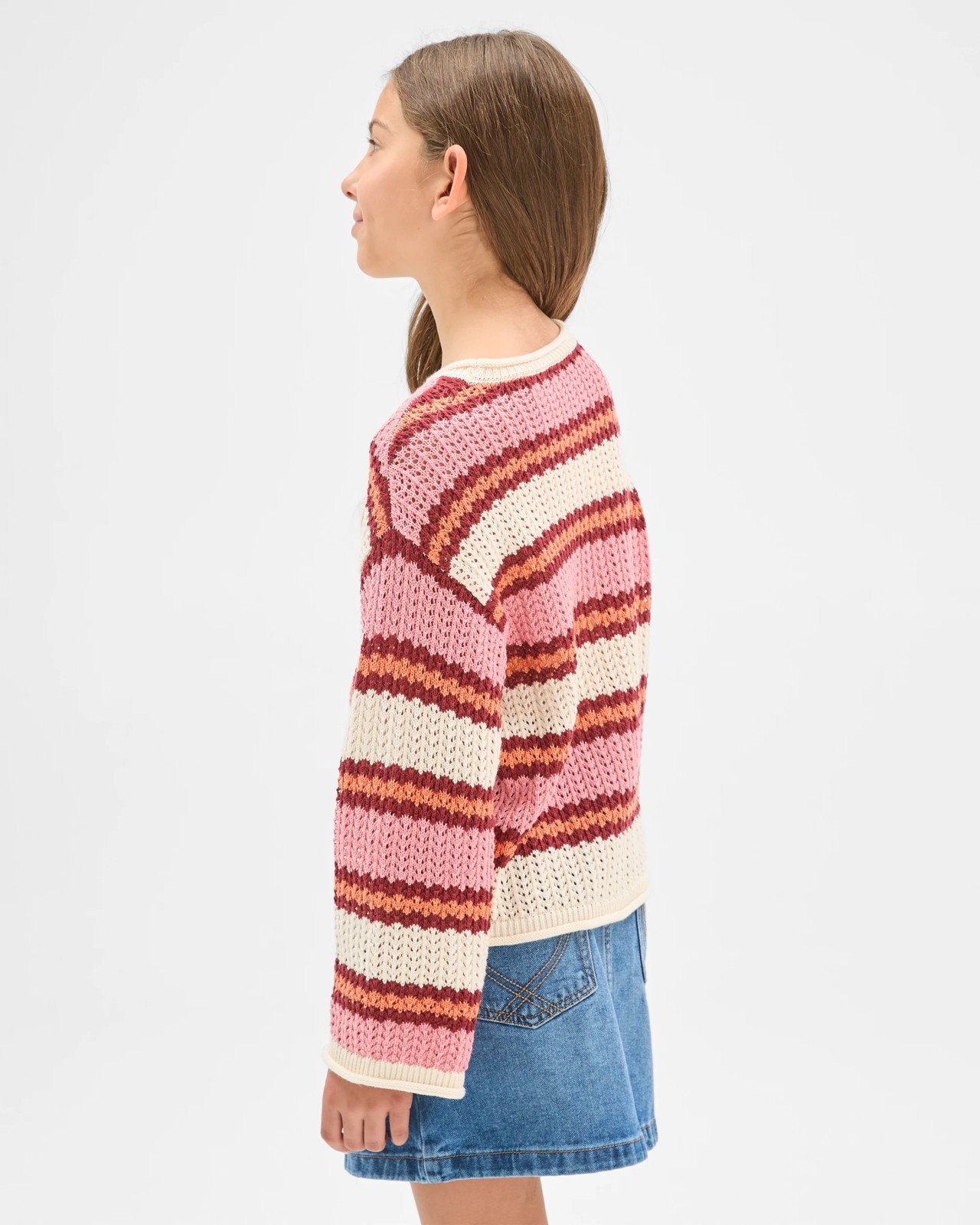 Australian Cotton Crochet Knit Jumper - Stripe Pink 4 of 6