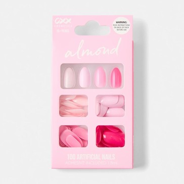 100 Pack Artificial Nails with Adhesive, Almond Shape, Pink - OXX Cosmetics