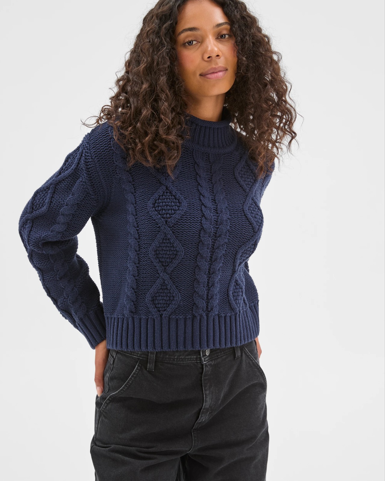 Australian Cotton Blend Roll Neck Cable Knit Jumper - Navy 4 of 5
