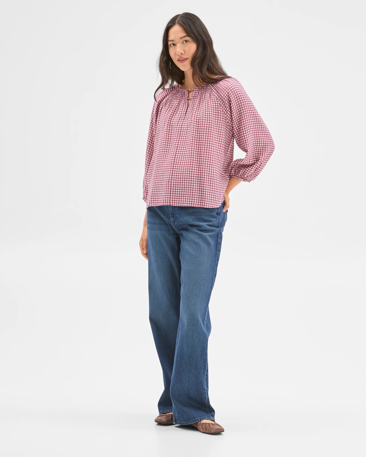 3/4 Sleeve Neck Detail Blouse - Soft Blush Check 2 of 6