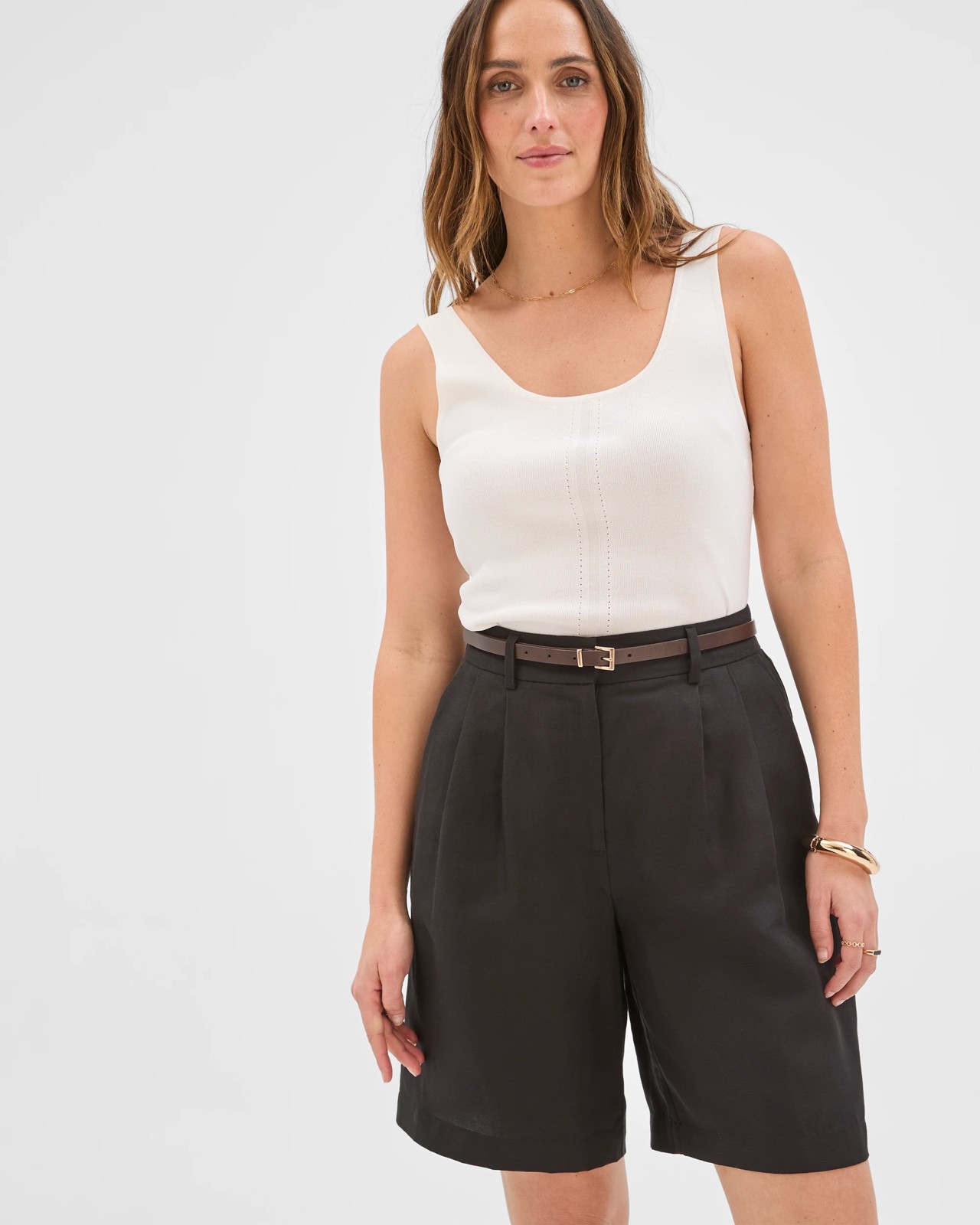 Preview Slim Fit Crepe Knit Detail Tank Top - Cloud Dancer 2 of 5