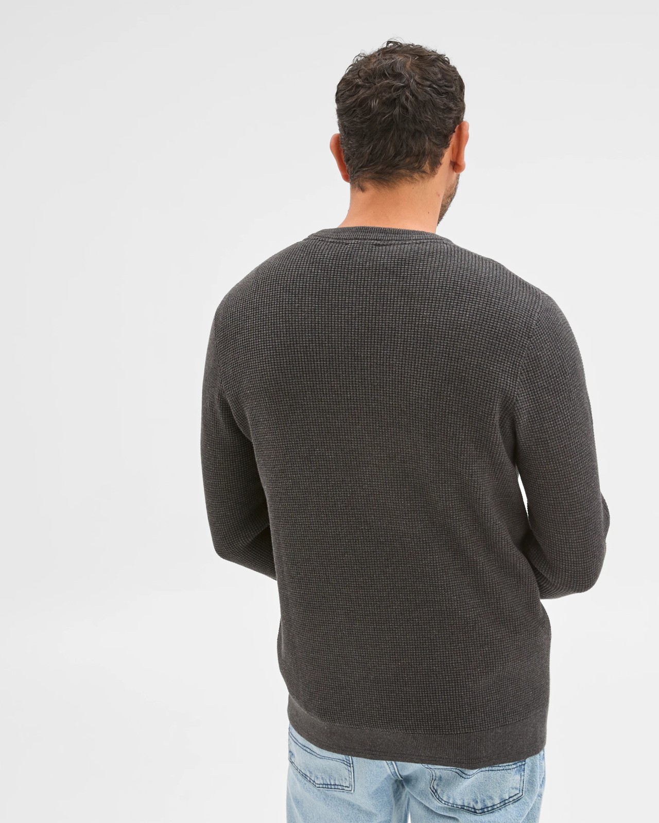 Australian Cotton Lightweight Waffle Knit Crew Neck Jumper - Black Marle 5 of 6