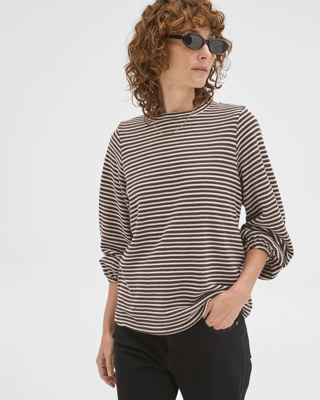 Australian Cotton Long Sleeve Textured Top - Brunette/Cloud Dancer Stripe 3 of 6