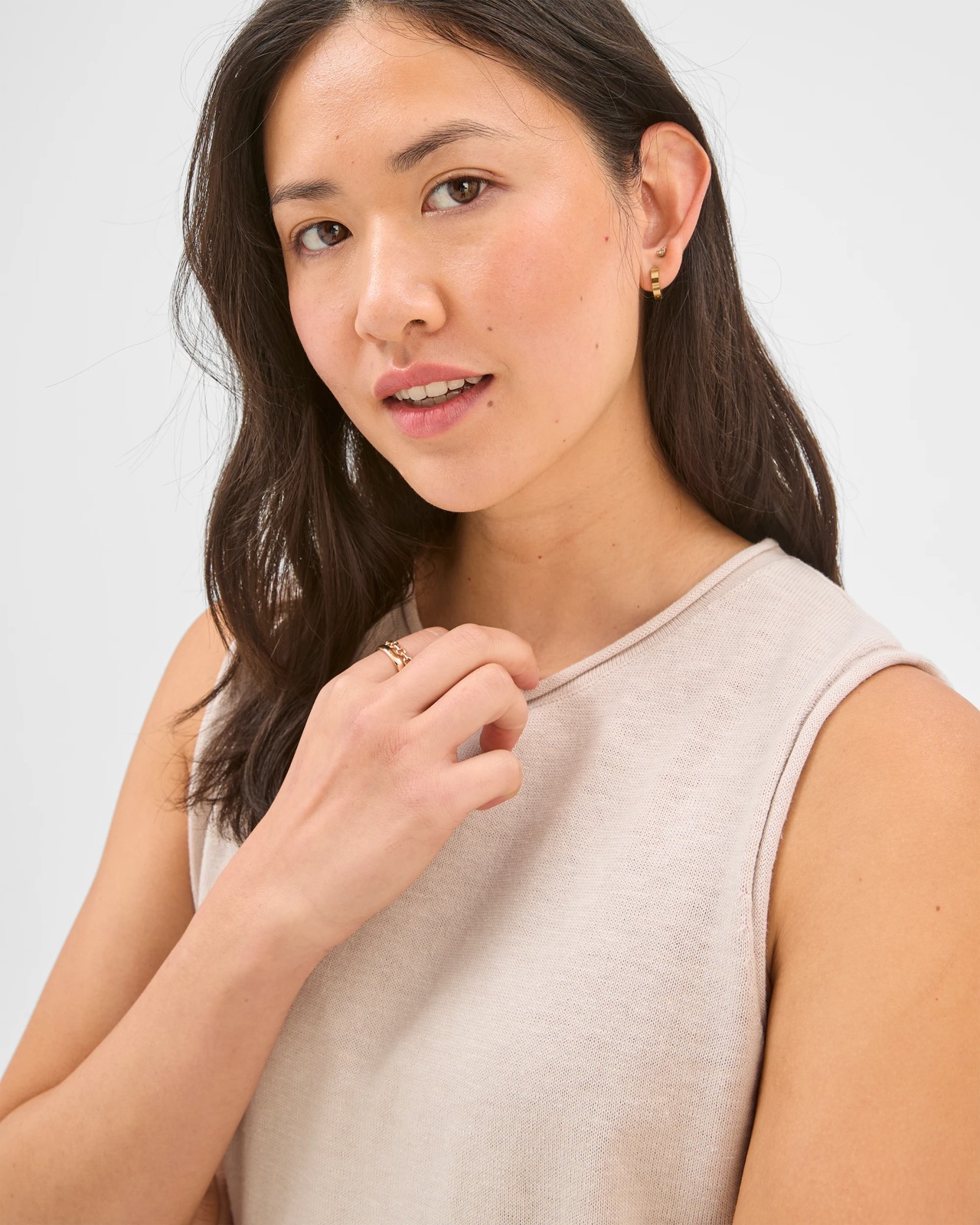 Australian Cotton Blend Rolled Edge Knitted Tank Top - Pumice 3 of 5