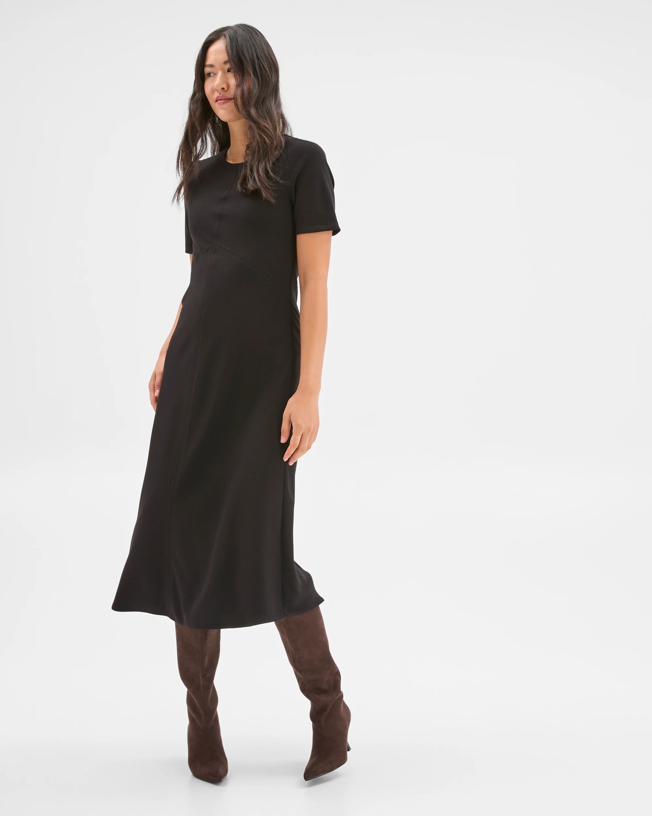 Preview Short Sleeve Midi Crepe Woven Dress - Black 2 of 5