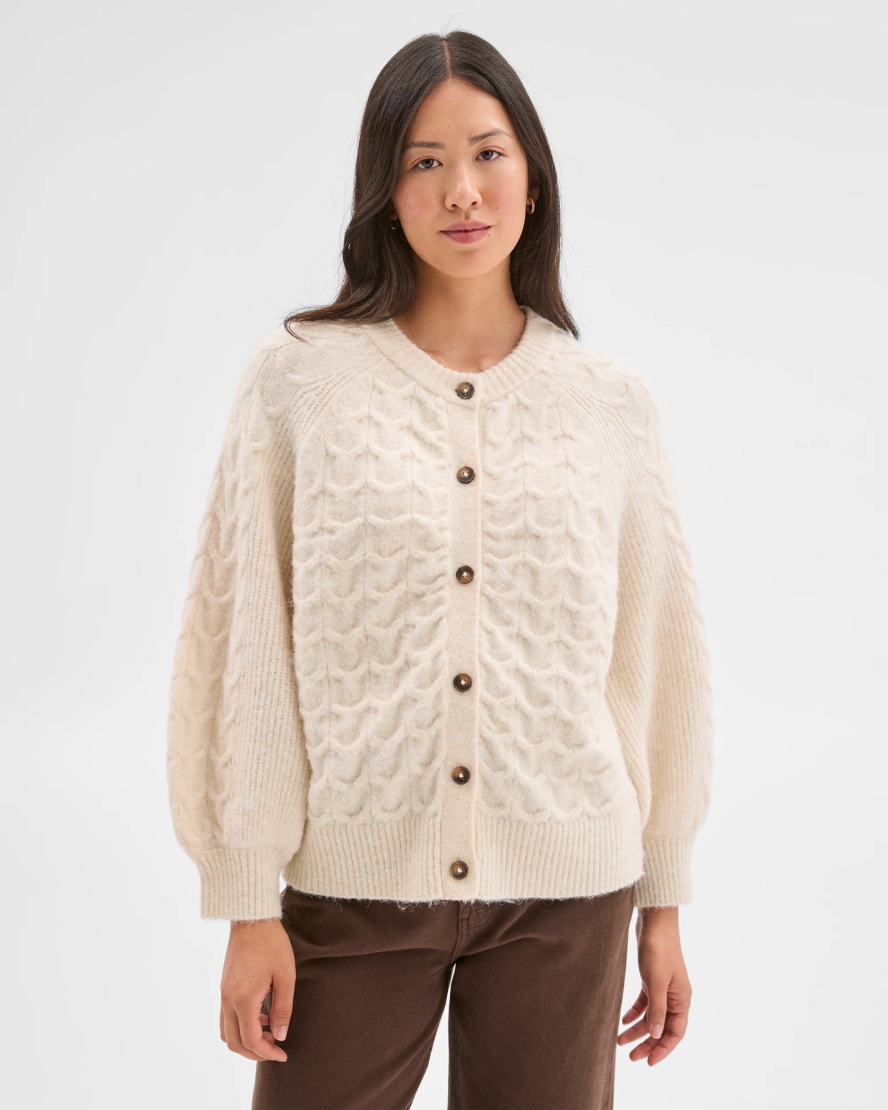 Cable Knit Bell Sleeve Cardigan - Cookies and Cream 3 of 5