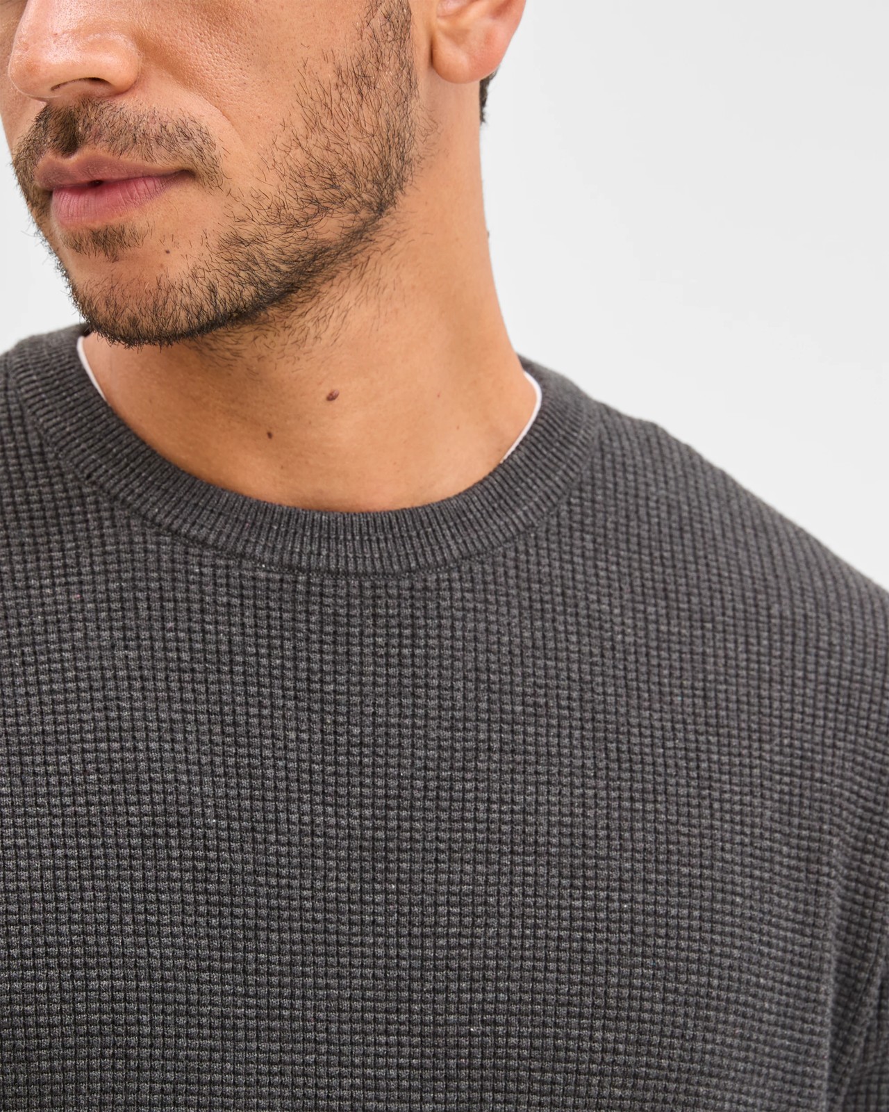 Australian Cotton Lightweight Waffle Knit Crew Neck Jumper - Black Marle 6 of 6