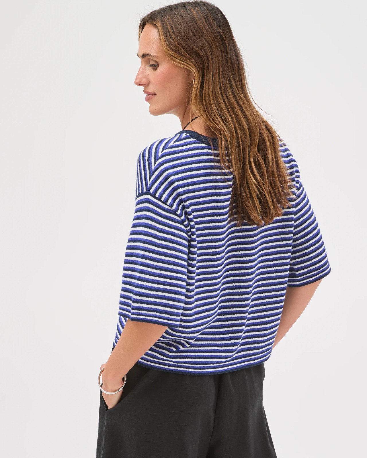Australian Cotton Blend Drop Shoulder Boxy Knit T-Shirt - Multi Stripe 6 of 6