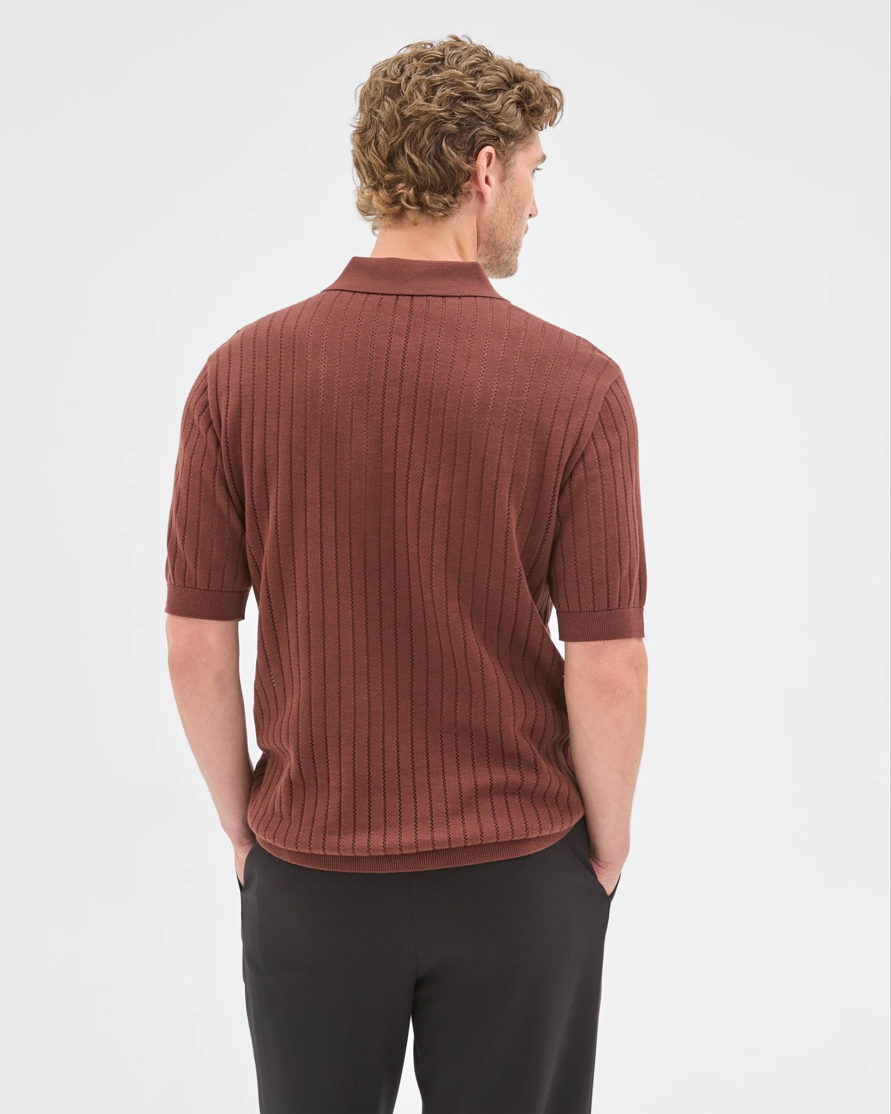 Preview Australian Cotton Pointelle Polo Top - Brown Stone 6 of 6