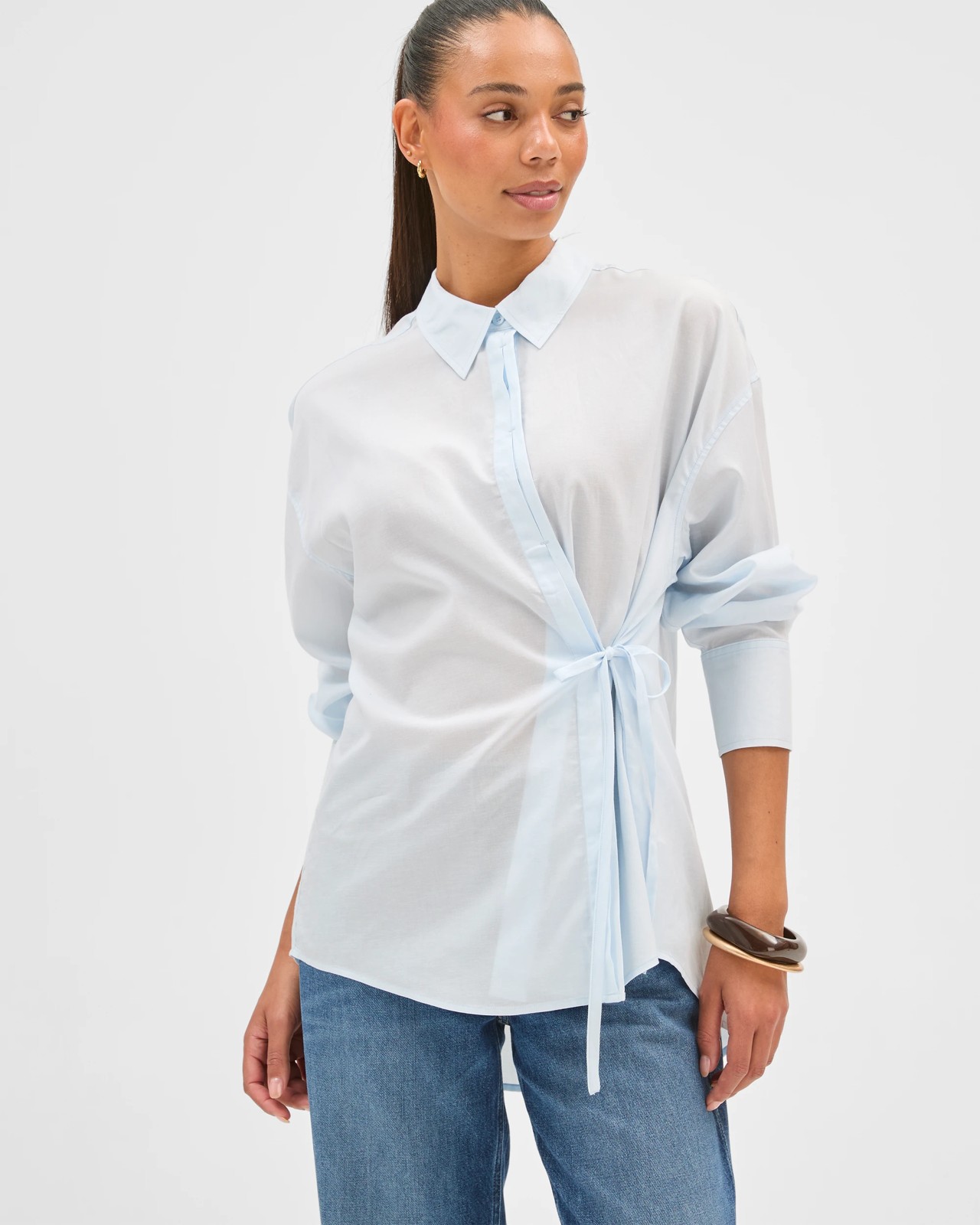 Long Sleeve Tie Voile Shirt - Pale Blue 5 of 5