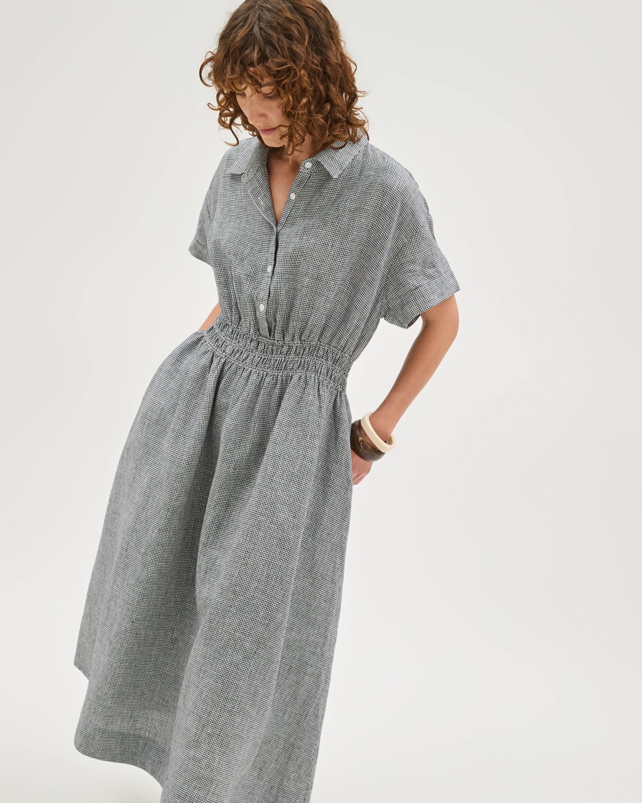European Linen Shirred Waist Midi Dress - Gingham 4 of 5