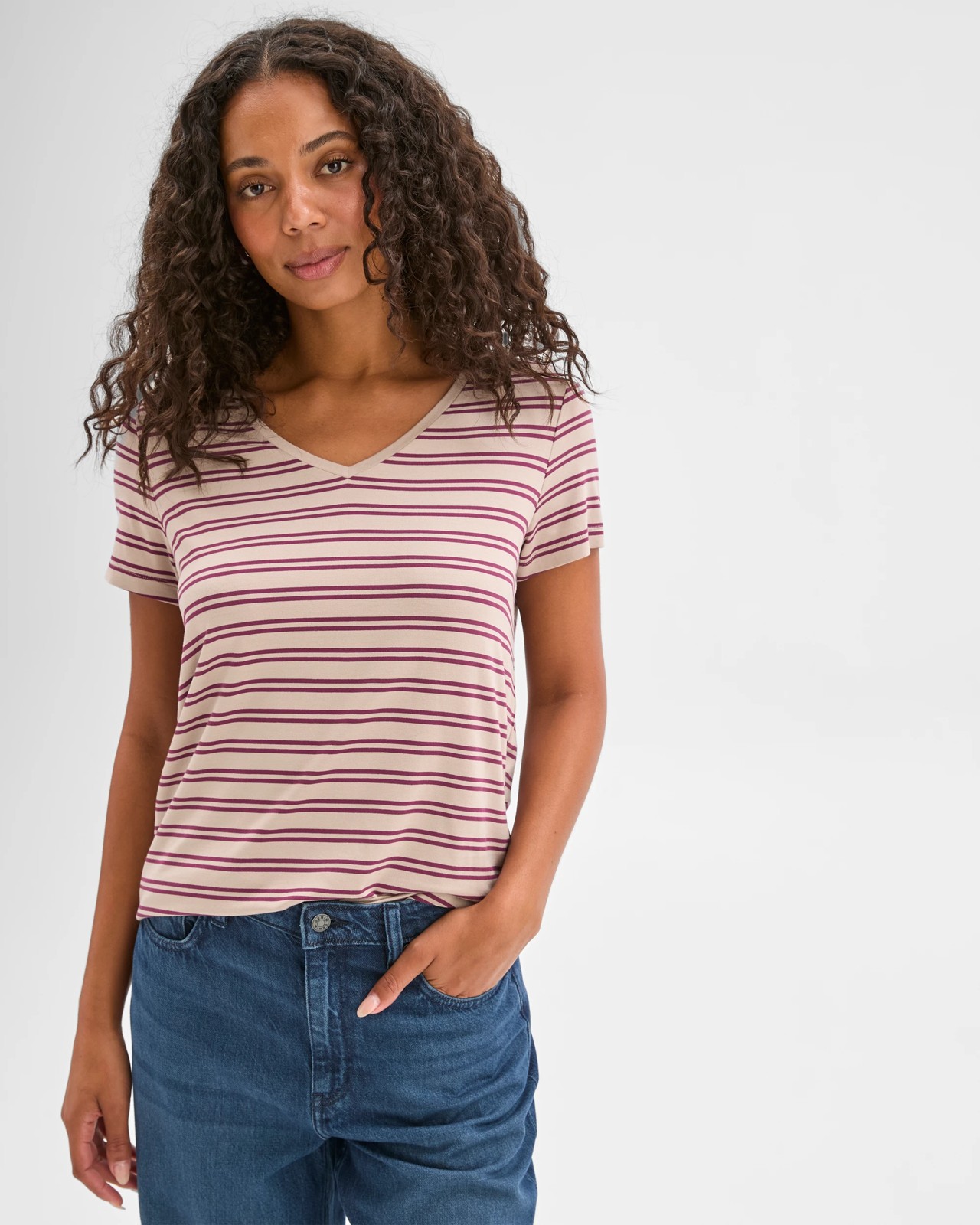 Short Sleeve V-Neck T-Shirt - Parchment Pansy Stripe 2 of 6