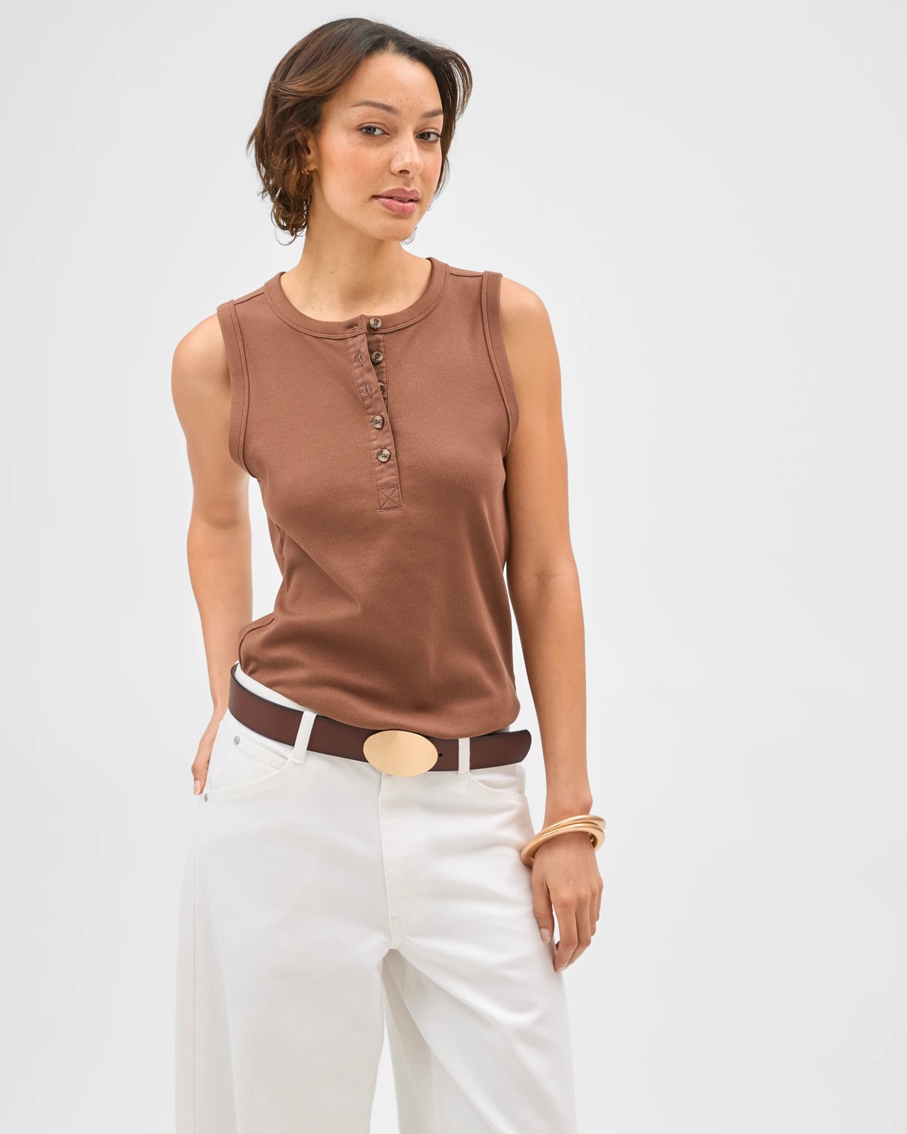 Australian Cotton Henley Neck Rib Tank Top - Cocoa Brown 3 of 6