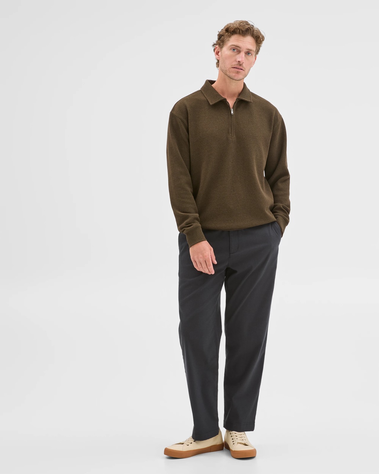 Australian Cotton Blend Fleece 1/4 Zip Collared Top - Dark Olive 2 of 5