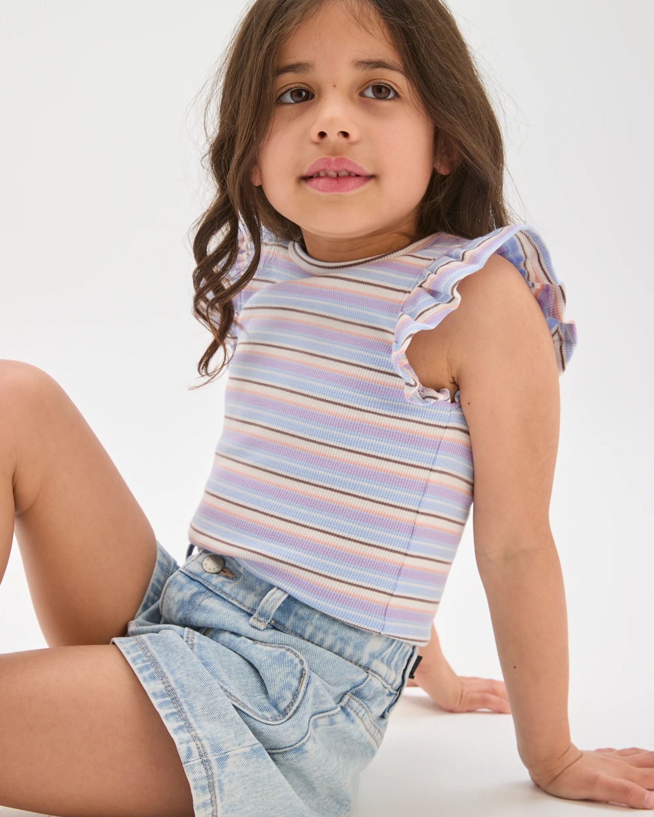 Australian Cotton Ruffle Sleeve Rib Tank Top - Blue 3 of 6