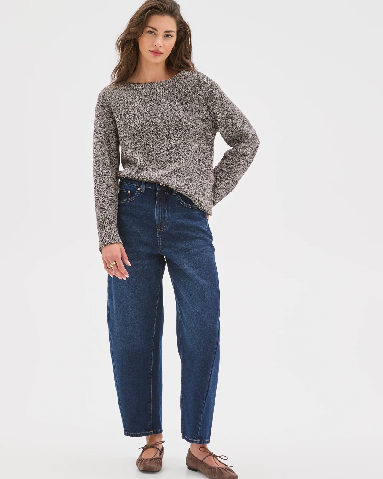 Petites Australian Cotton Blend Rib Trim Ottoman Boat Neck Jumper - Chocolate Plum Twist 2 of 5