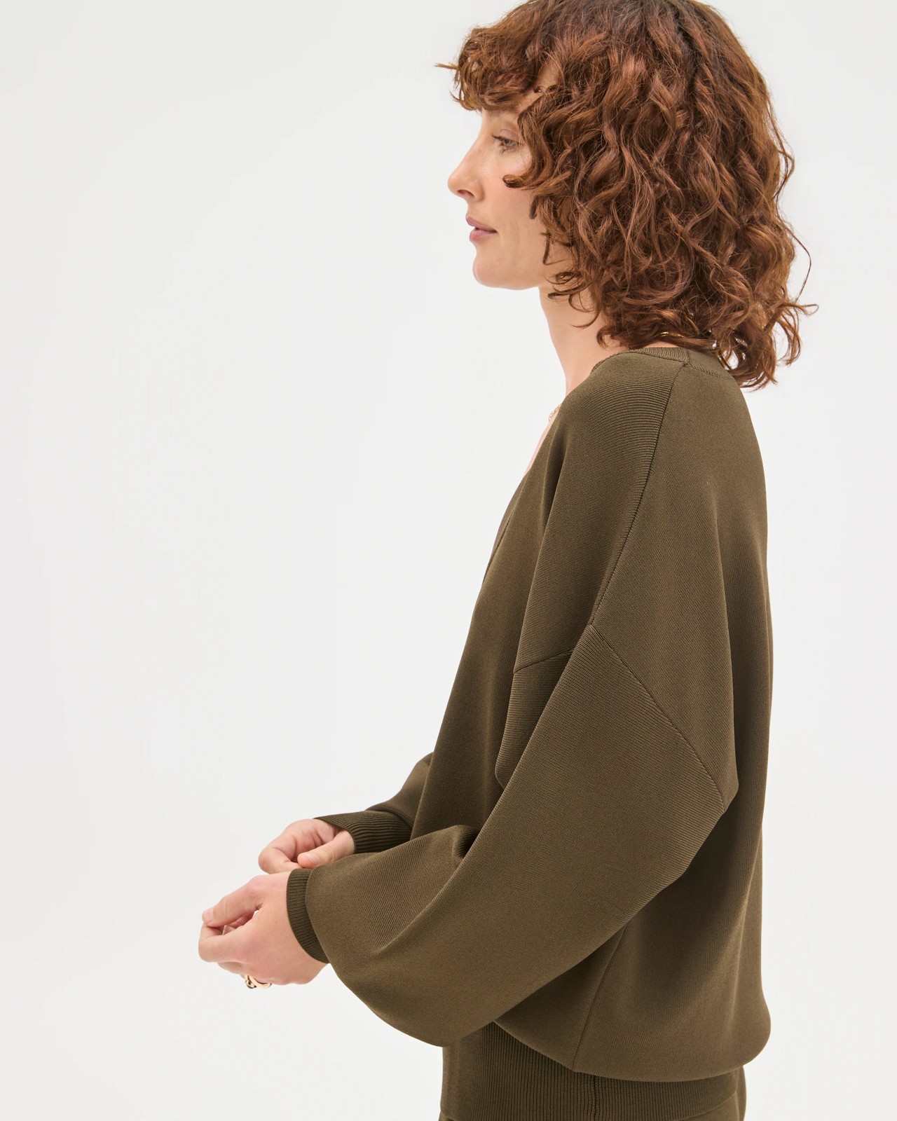 Preview Crepe Knit V-Neck Sweater - Dark Olive 3 of 5