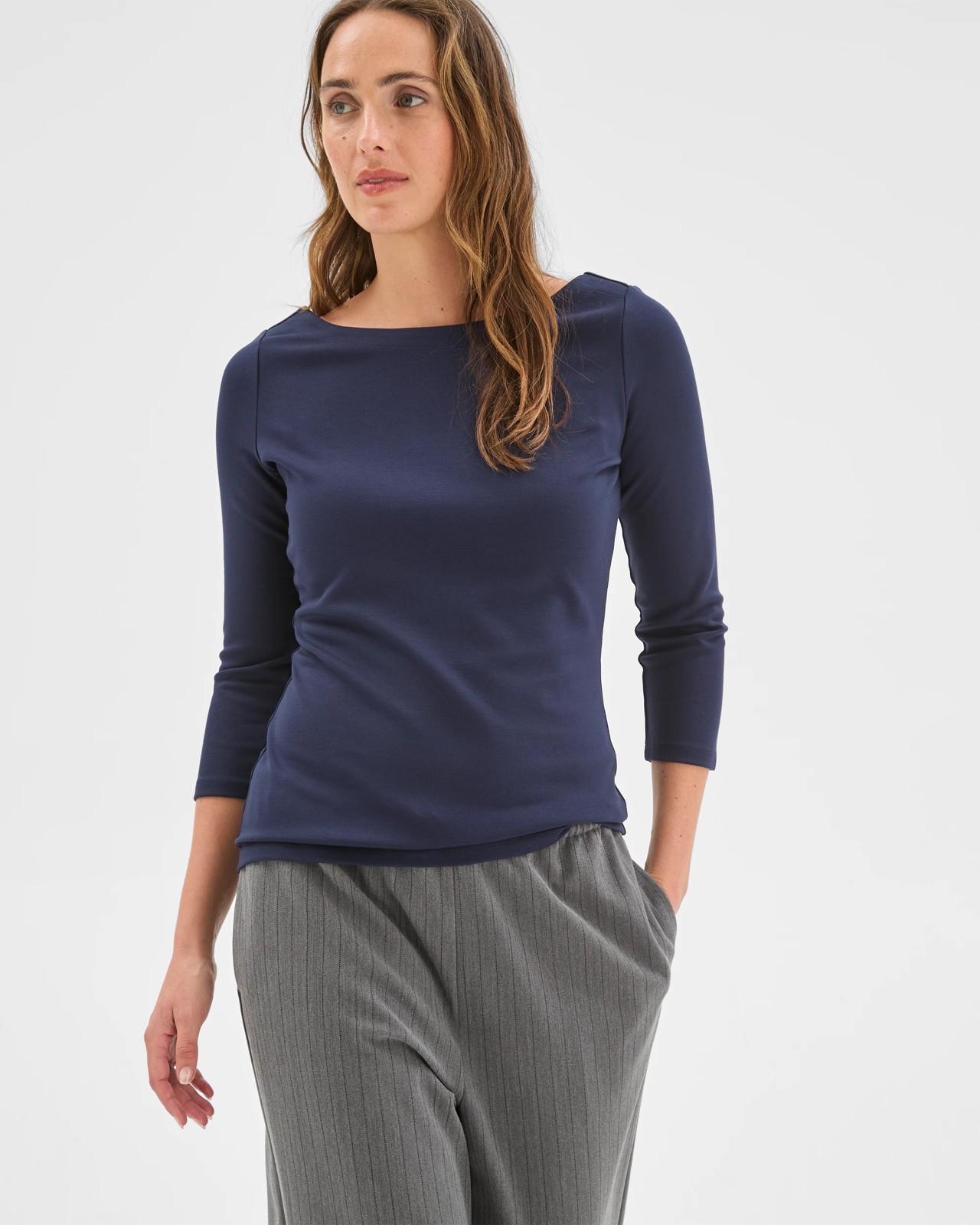 Preview 3/4 Sleeve Boat Neck Ponte T-Shirt - Navy 2 of 5