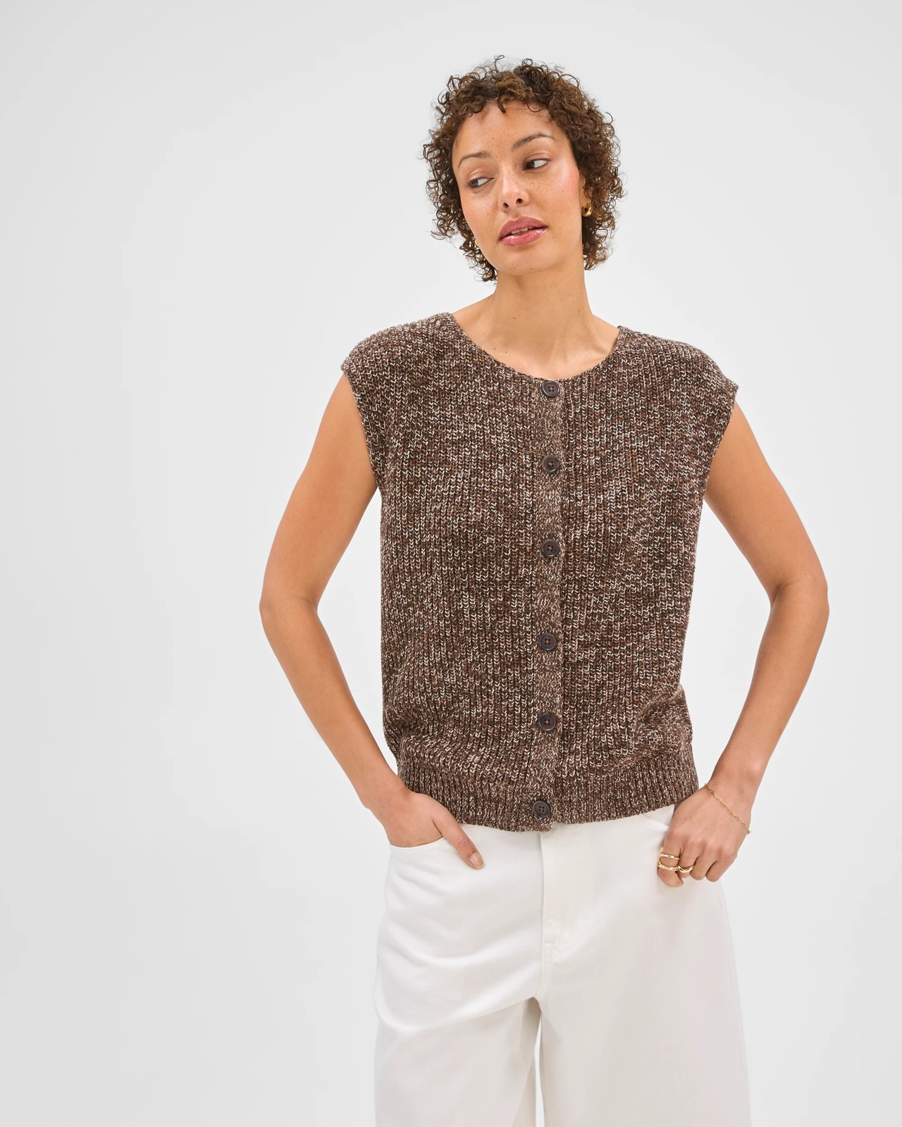 Australian Cotton Button Through Twist Knitted Vest - Coffee 3 of 6
