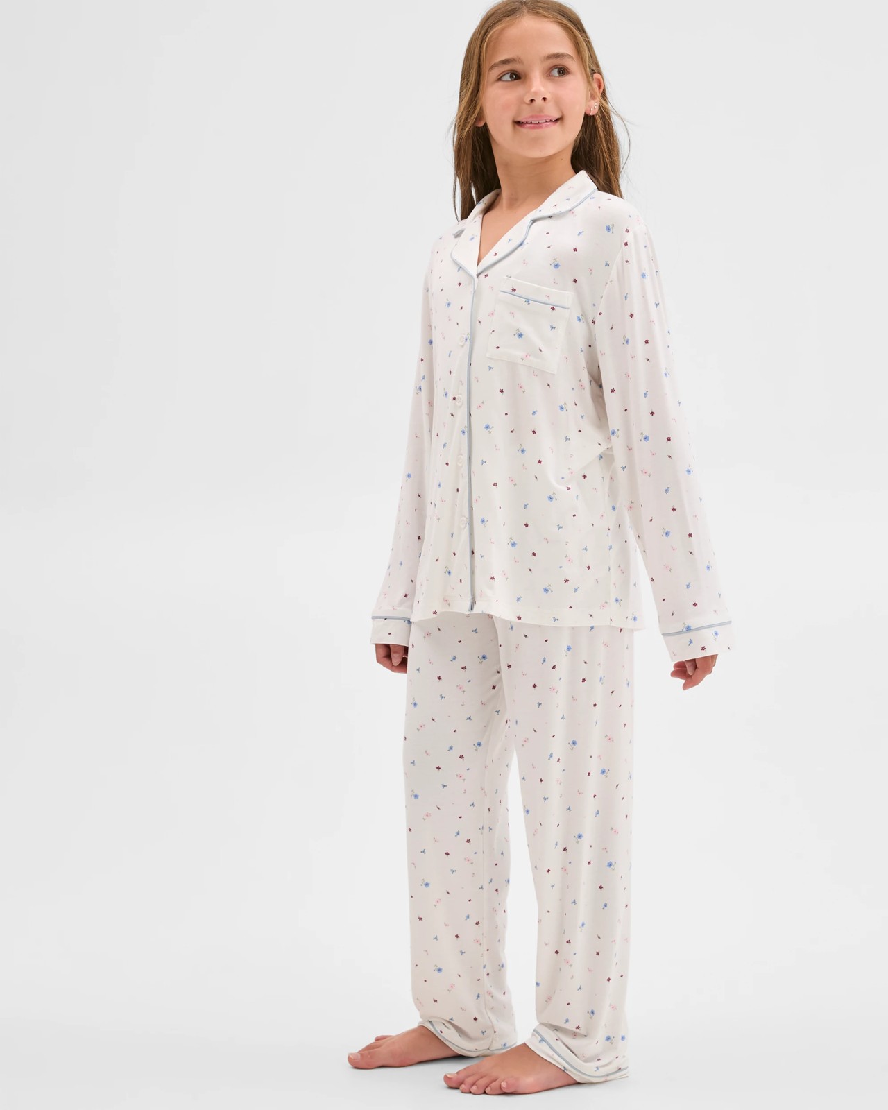 Bamboo Older Girls Button Through Pyjama Set - White Floral 3 of 6