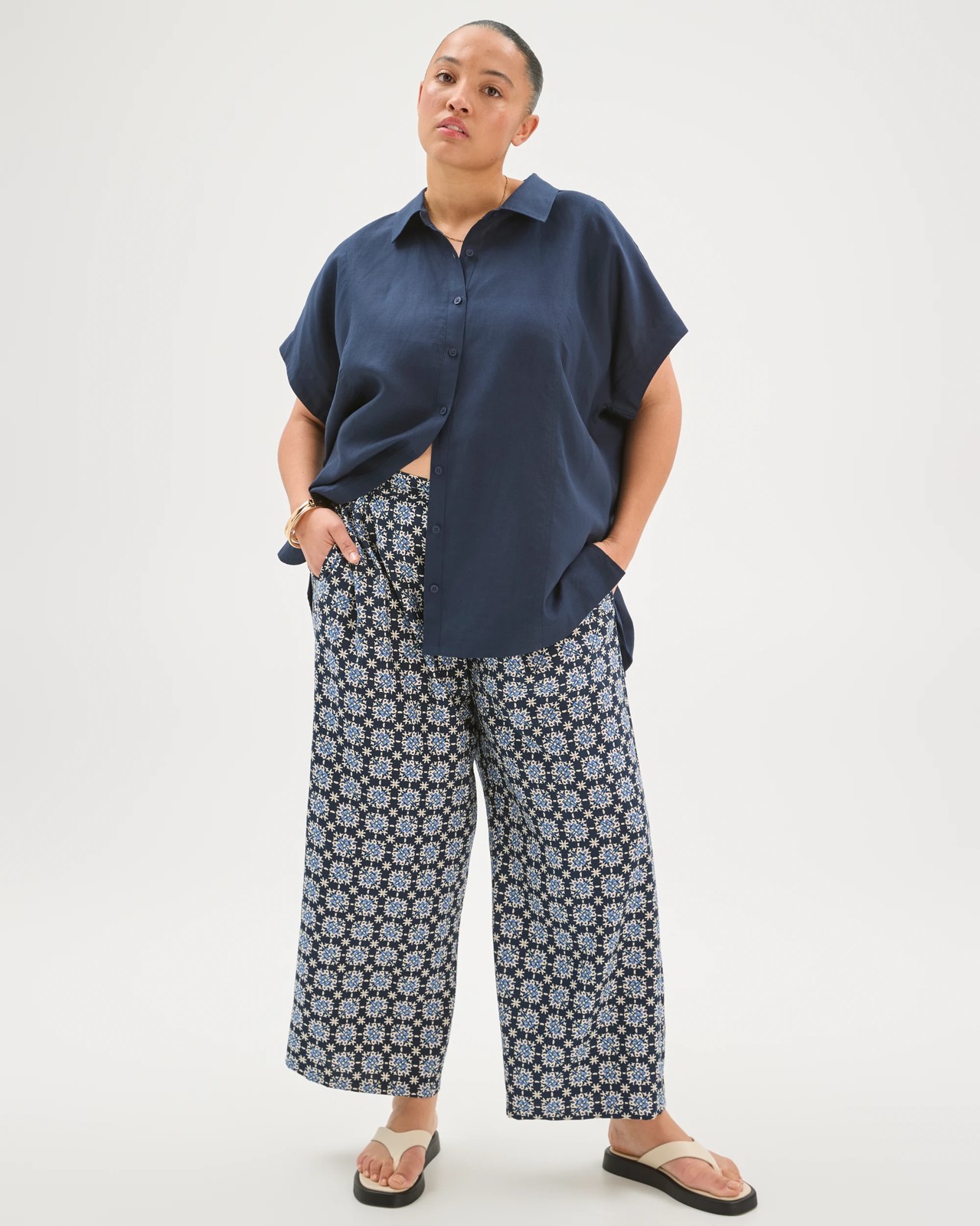 Plus Size Tie Front Pants - Navy Abstract 5 of 5