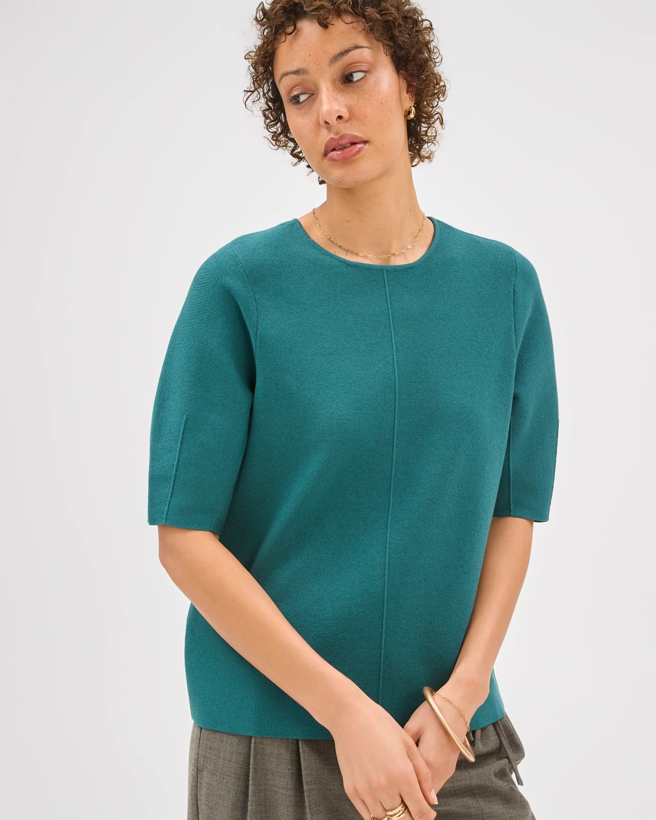 Preview Lantern Short Sleeve Crepe Knit Top - Peacock 3 of 6