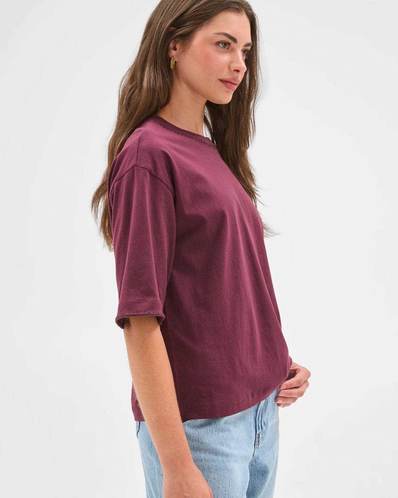 Petites Australian Cotton Stitch Detail T-Shirt - Merlot Brown 6 of 6