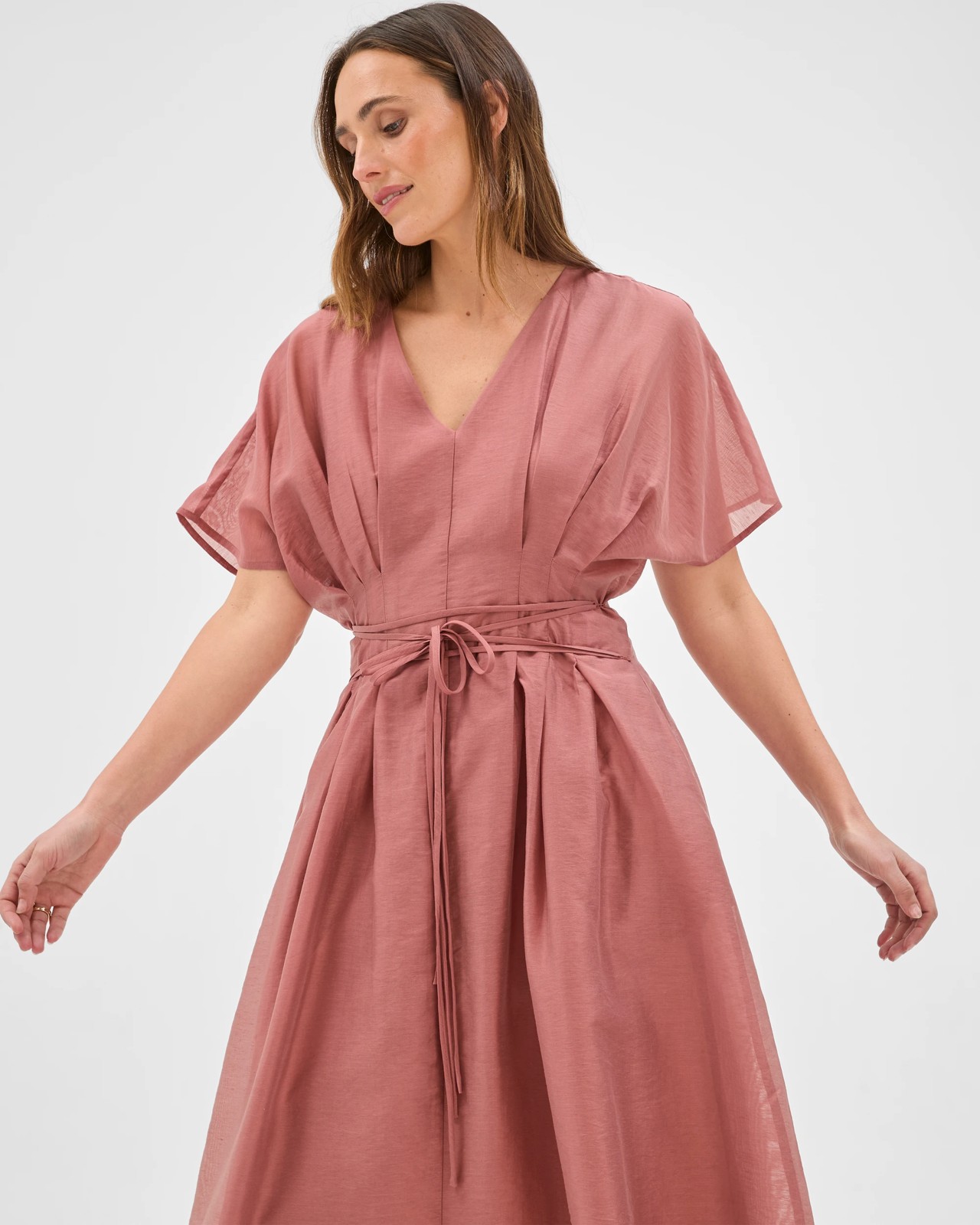 Preview Short Sleeve Tuck Detail Midi Dress - Rose Smoke 4 of 5