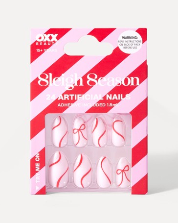 OXX Beauty Sleigh Season 24 Pack Artificial Nails - Almond Shape, Red Bow