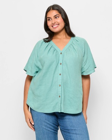 Plus Size European Linen Flutter Sleeve Top