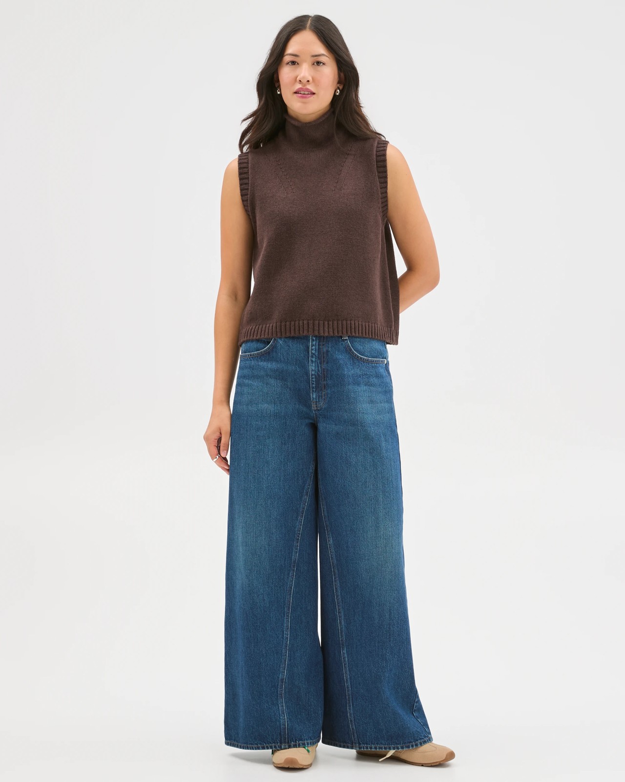 Australian Cotton Blend High Neck Long Sleeveless Vest - Brunette 2 of 6