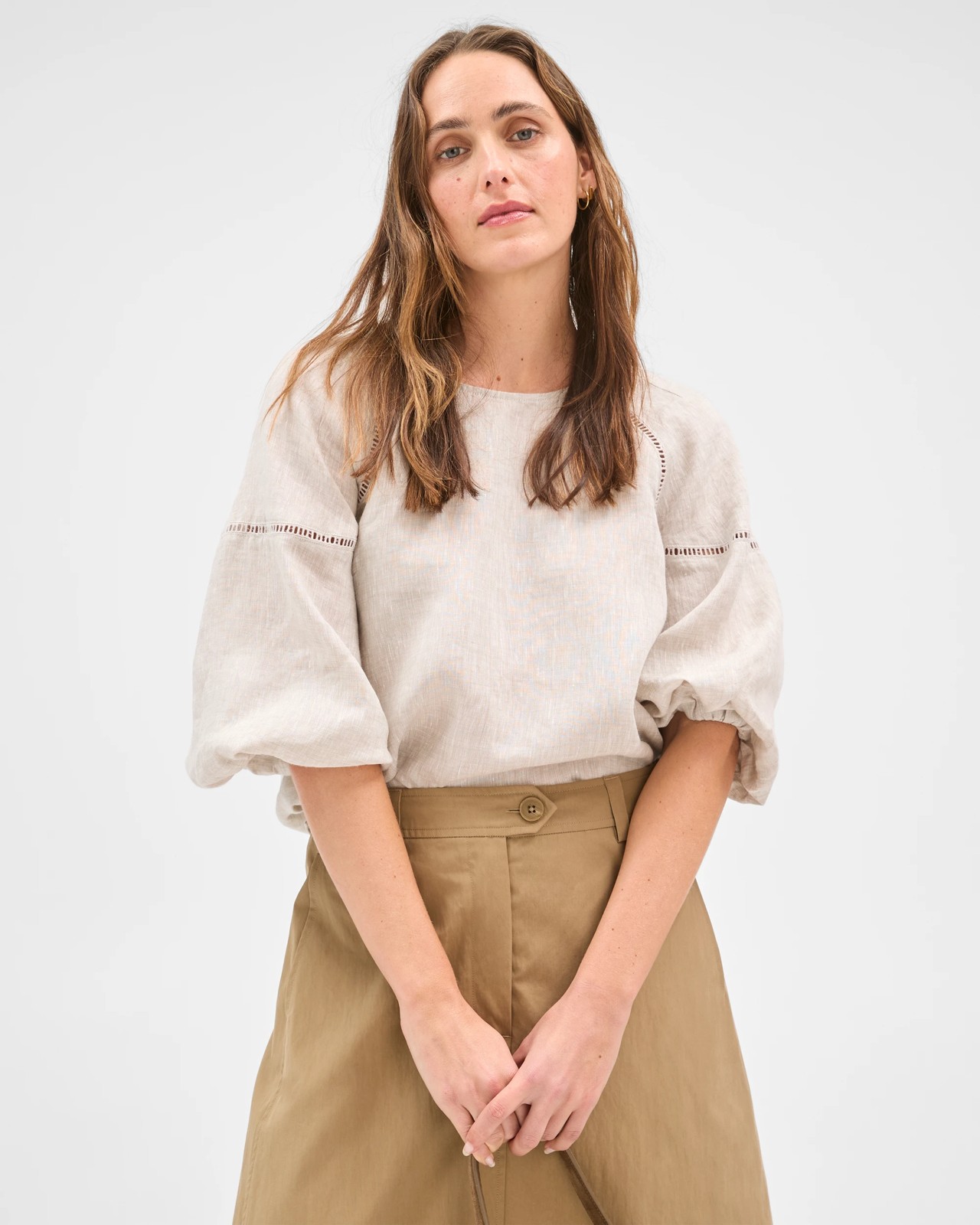 European Linen 3/4 Sleeve Trim Detail Top - Flax 2 of 5