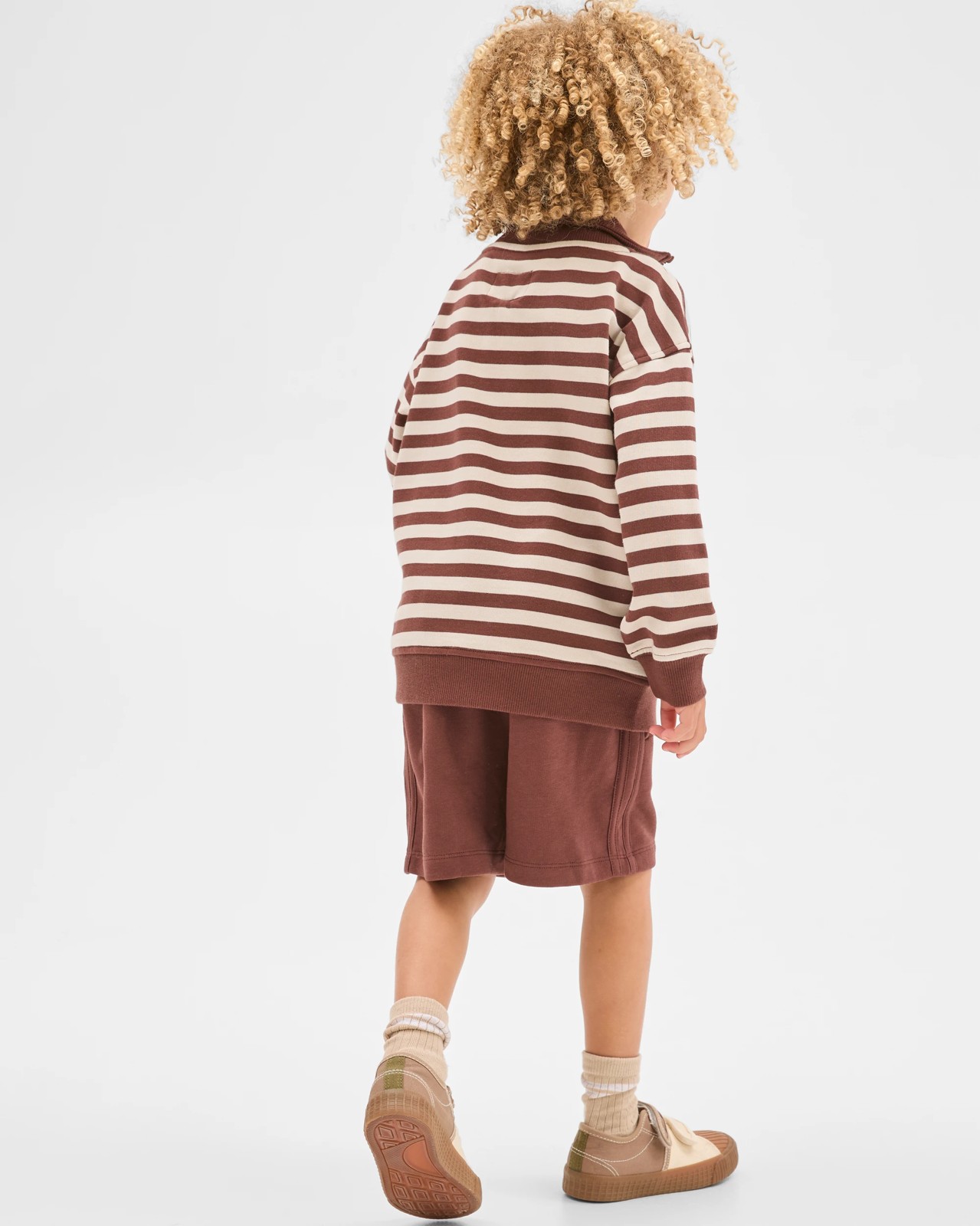 Australian Cotton 1/4 Zip Jumper & Shorts 2 Piece Set  - Brown Stripe 4 of 5