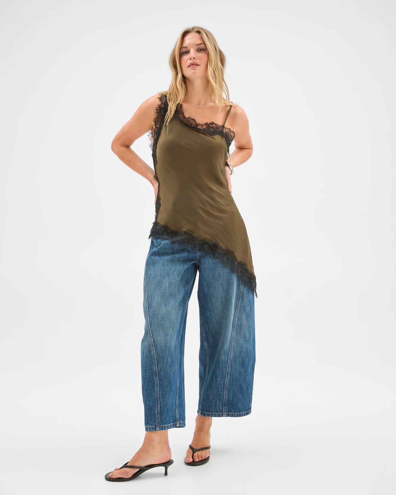Lily Loves Lace Trim Asymmetrical Satin Cami - Deep Olive 2 of 5