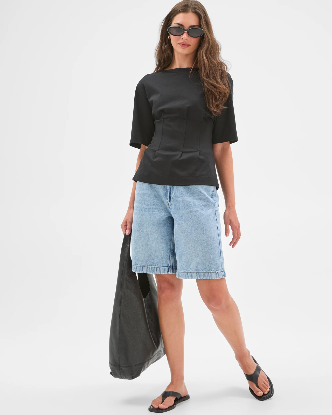 Petites Australian Cotton Short Sleeve Waisted Top - Black 2 of 5