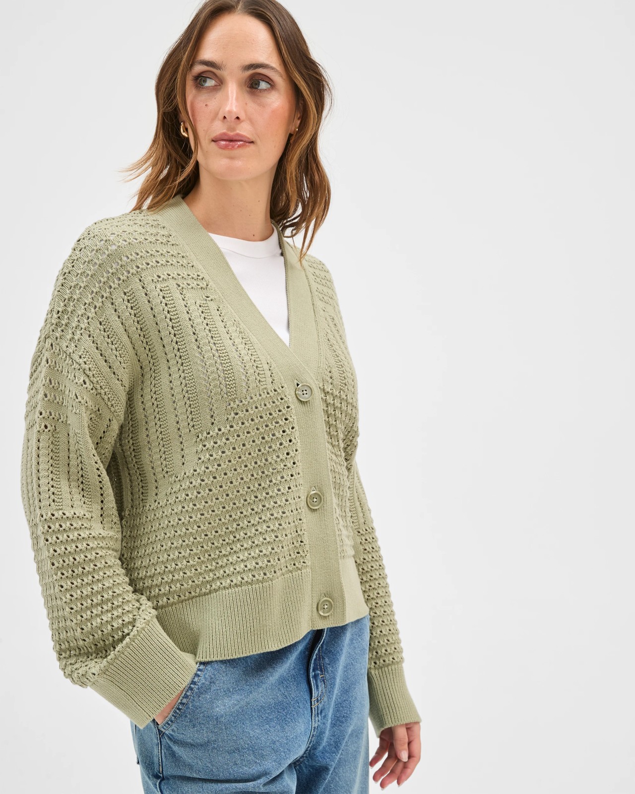 Australian Cotton Crochet Knit Cardigan  - Soft Sage 4 of 5