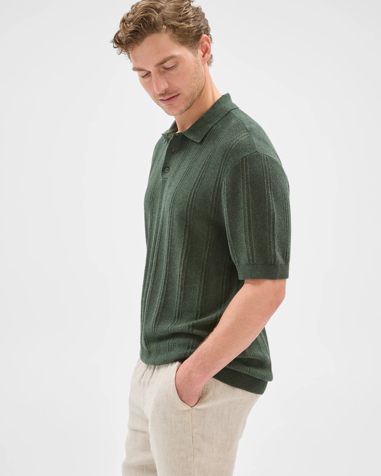 Australian Cotton Textured Stripe Knit Polo Top - Green 4 of 6