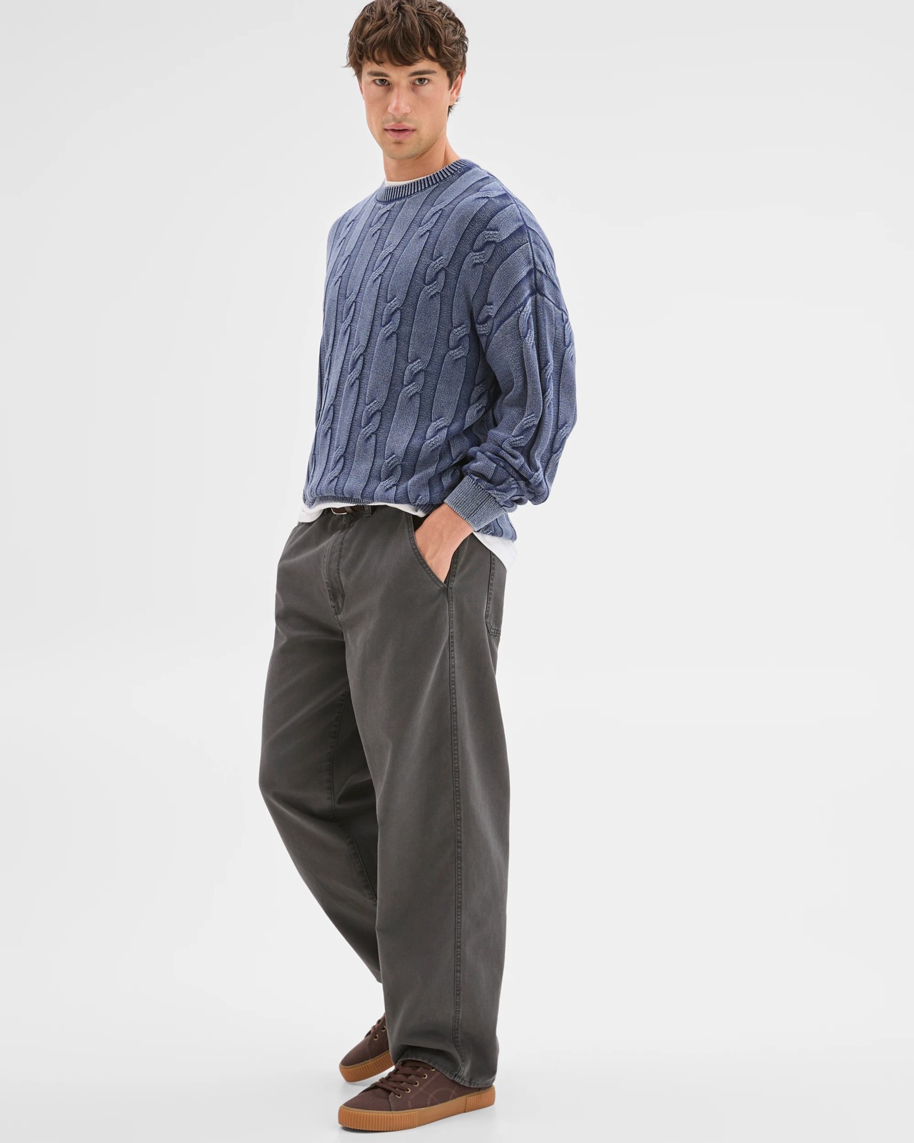 Commons Australian Cotton Cable Knit Washed Crew Jumper - Acid Navy 3 of 6